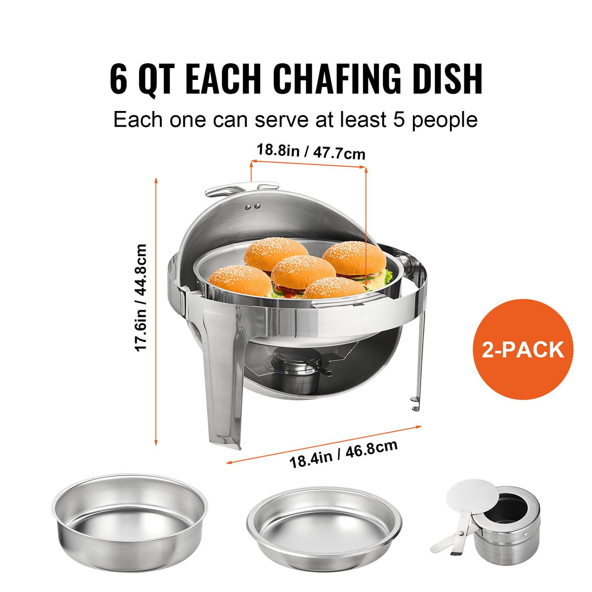 Roll Top Chafing Dish Buffet Set, 5.5L 2 Pack, Stainless Steel Chafer with 2 Full Size Pans, Round Catering Warmer Server with Lid Water Pan Stand Fuel Holder, for at Least 5 People Each