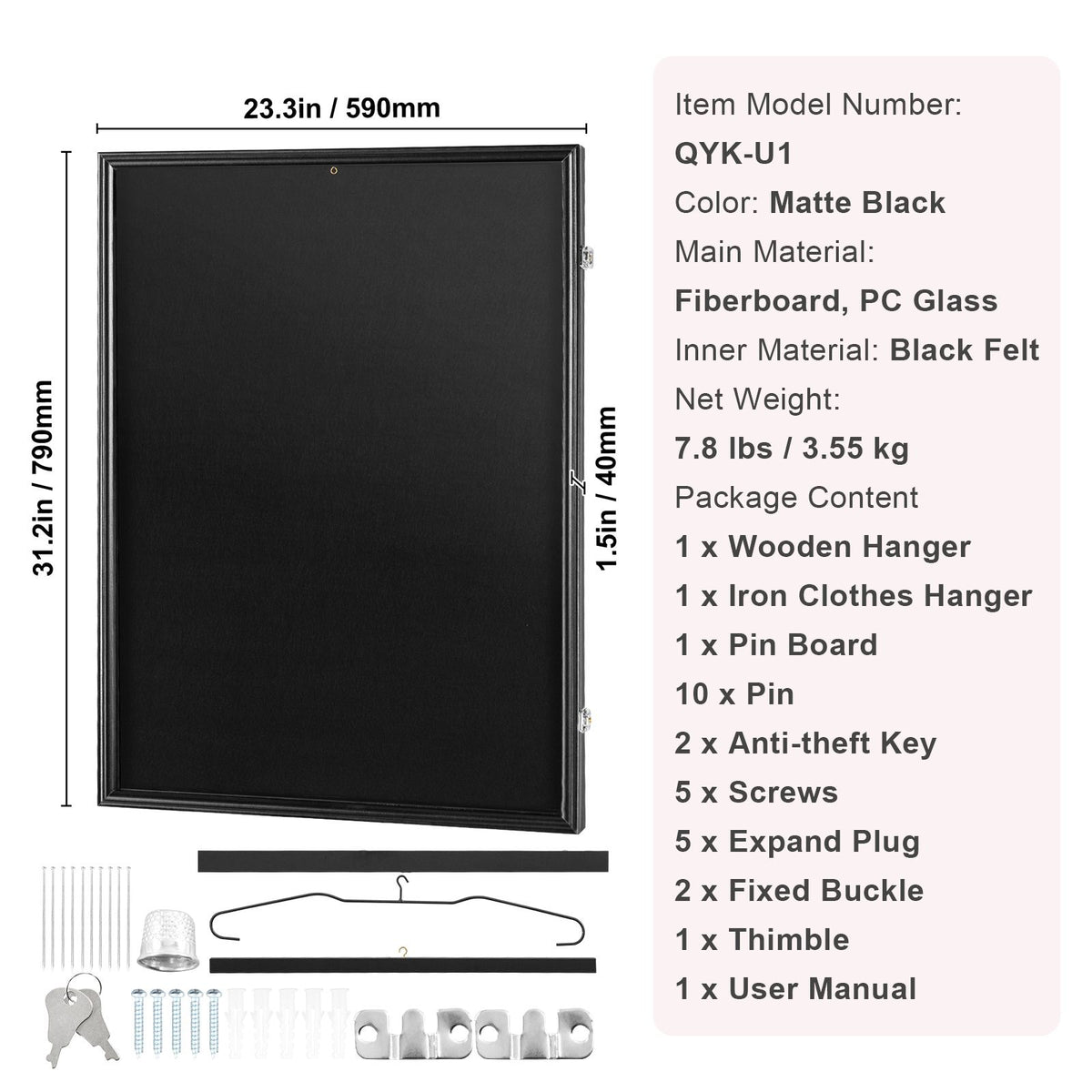 VEVOR Jersey Display Frame Case, 590 x 790 x 40 mm, Large Lockable Sport Jersey Shadow Box with 98% UV Protection PC Glass and Hangers, for Baseball Basketball Football Hockey Shirt and Uniform
