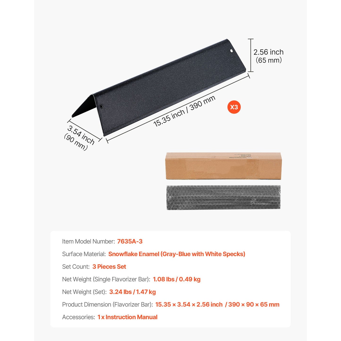 VEVOR Flavorizer Bars, 39cm Grill Replacement Part, for Weber Spirit I & II 200 Series Grills, Including Spirit ll E-210, ll E-220, ll S-210, E-210, S-210, Porcelain-enameled Steel Heat Plate, 3 Pack