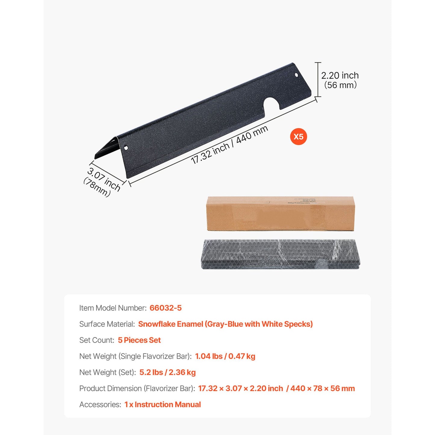 VEVOR Flavorizer Bars, 44cm Grill Replacement Part, for Weber Genesis ll 310 315 335 340, E/S 325s, ES/SX 325s, E/S 335, EX/SX/EPX-335 Grills, Porcelain-enameled Steel Thicker Heat Plate, 5 Pack