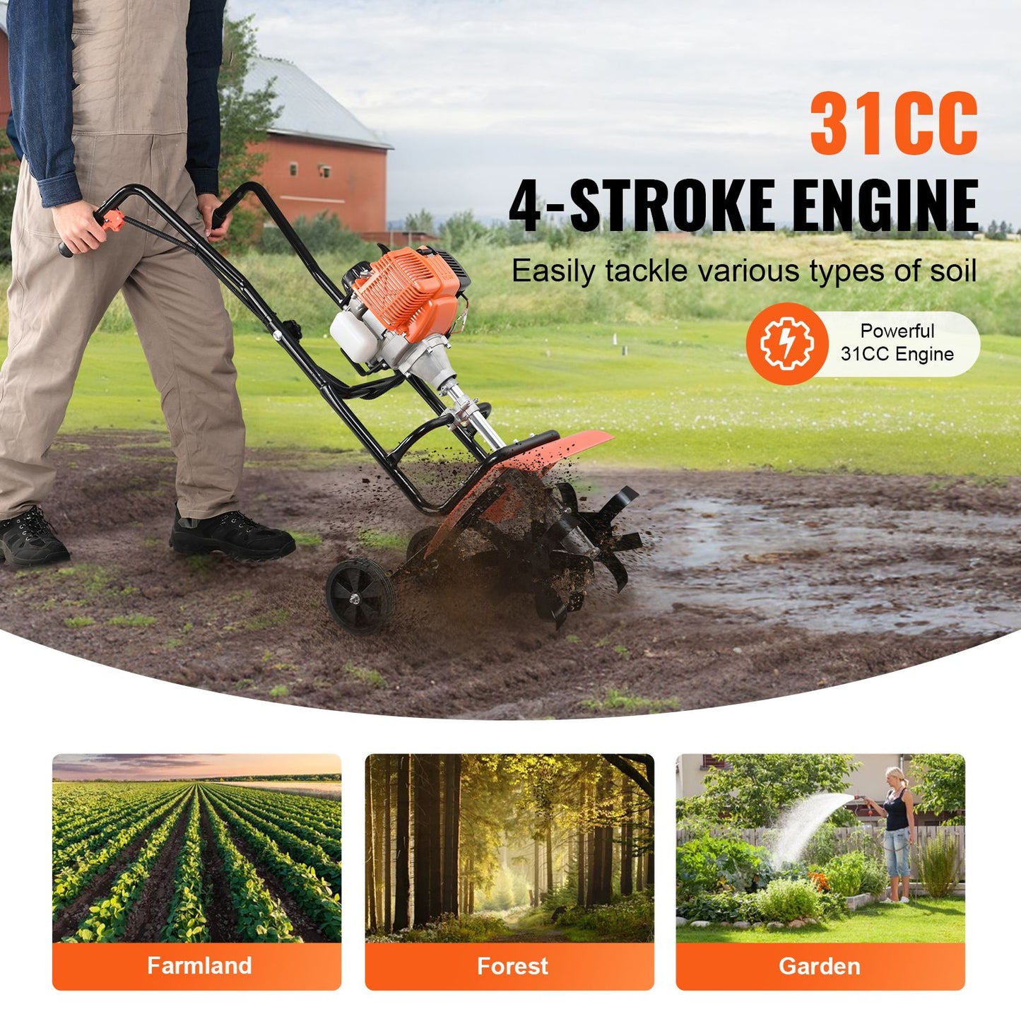 VEVOR Tiller Cultivator Gas Powered, 31CC 4-Stroke Garden Cultivator, Tiller with 4 Steel Adjustable Front Tines for Lawn, Garden and Field Soil Cultivation