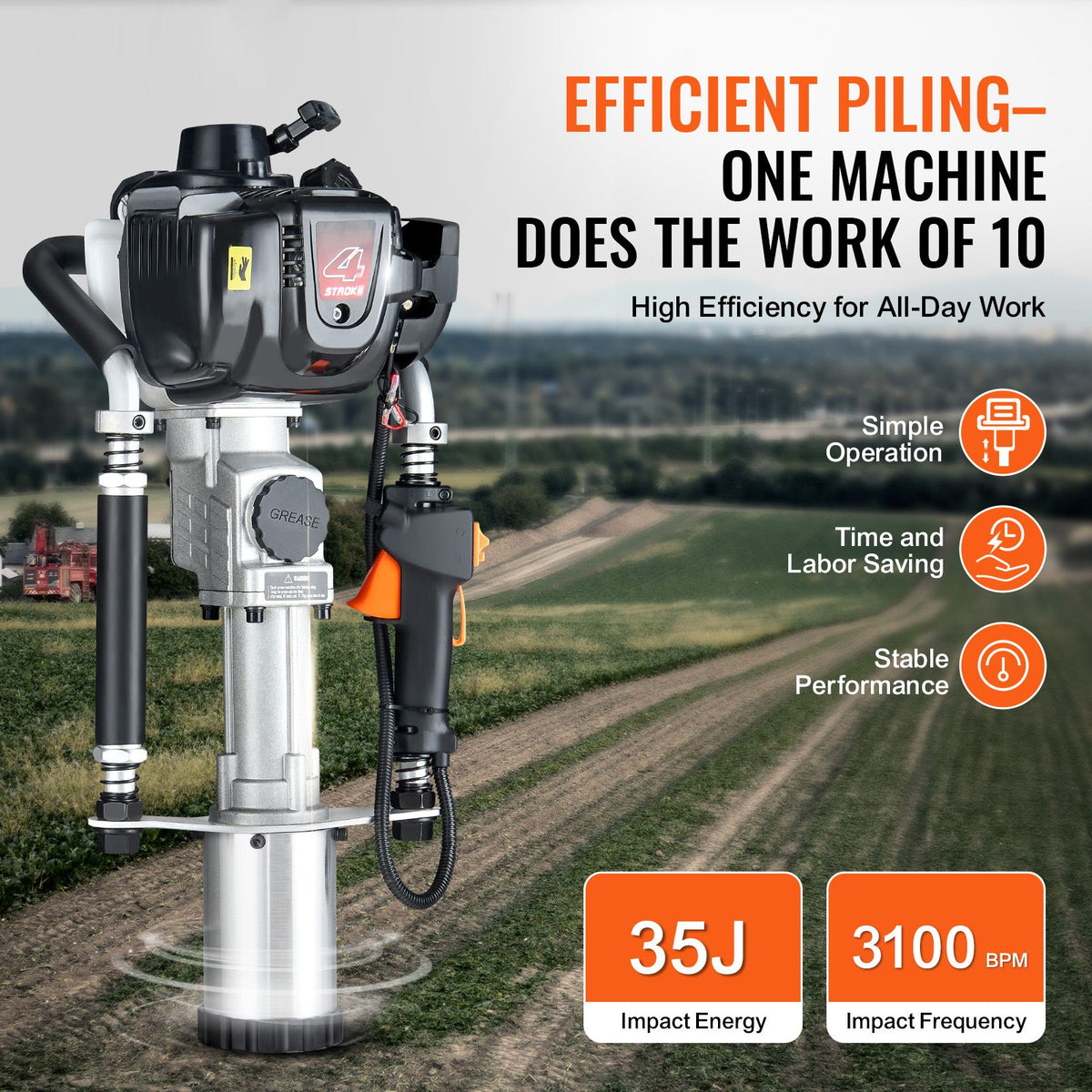 VEVOR 37.77cc Gas-Powered T Post Driver 4-Stroke Fence Piling Pounder w/ 3 Head