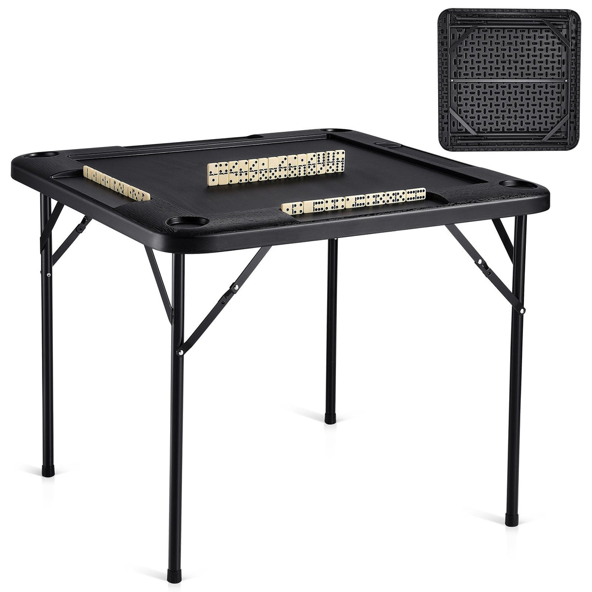 Mahjong Table, Square 4 Player Folding Card Table with 4 Cup Holders & 4 Chip Trays, Portable Domino Game Table with 1 Set of Dominoes for Mahjong Poke Puzzles, 90 x 90-inch, Black