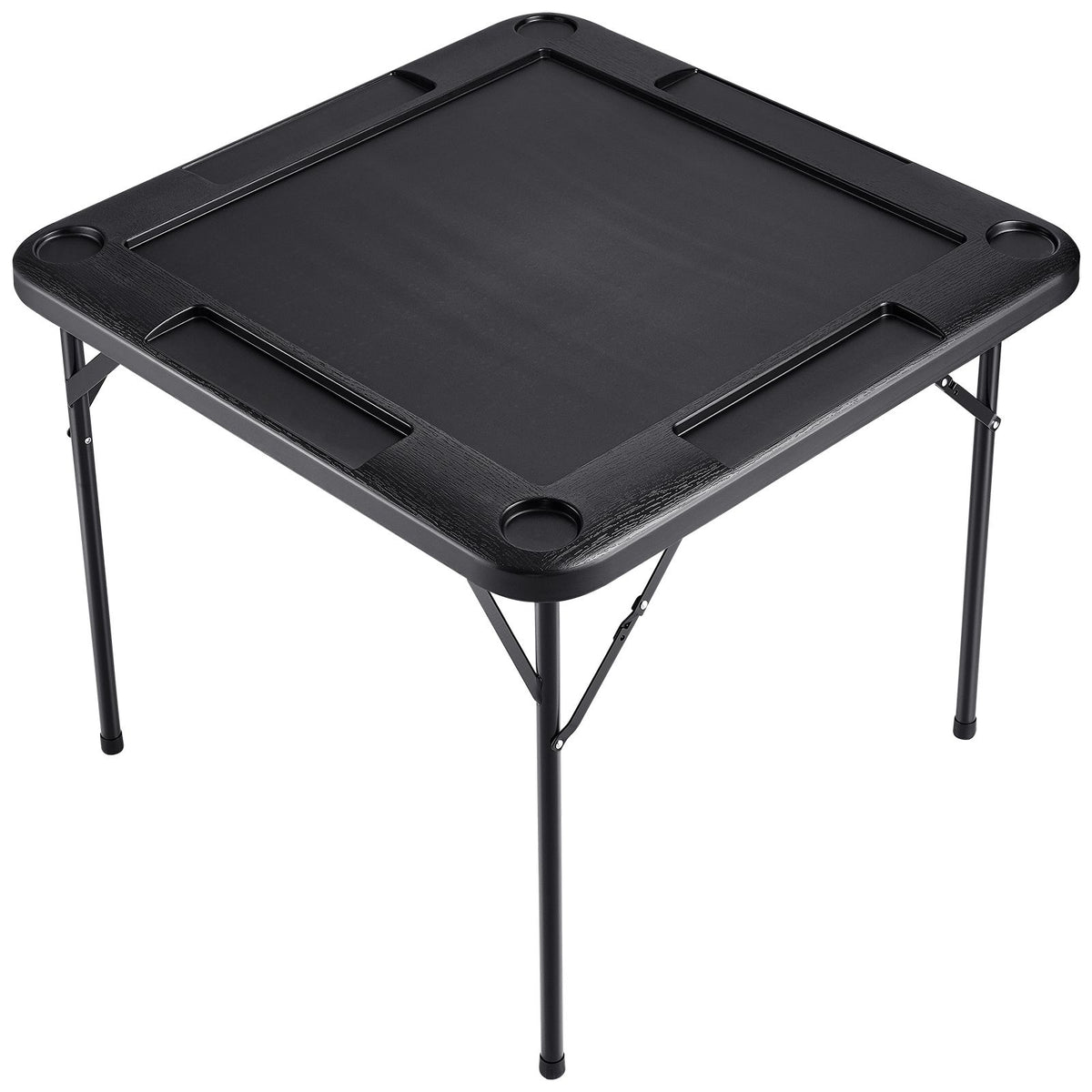 Mahjong Table, Square 4 Player Folding Card Table with 4 Cup Holders & 4 Chip Trays, Portable Domino Game Table with 1 Set of Dominoes for Mahjong Poke Puzzles, 90 x 90-inch, Black