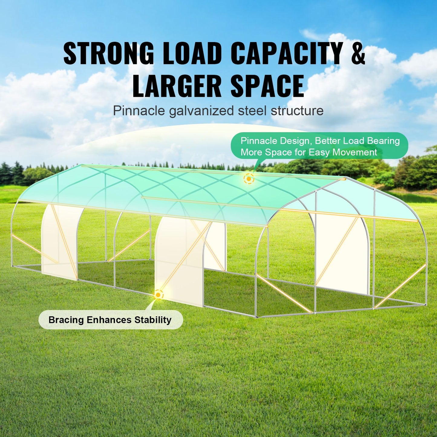 VEVOR Walk-in Tunnel Greenhouse, 29.5x9.8x6.6 ft Hoop House Greenhouse Tunnel, Peaked Roof Plant Hot House with Galvanized Steel Frame, Green PE Cover, Roll-up Zipper Door and 12 Windows for Outdoor