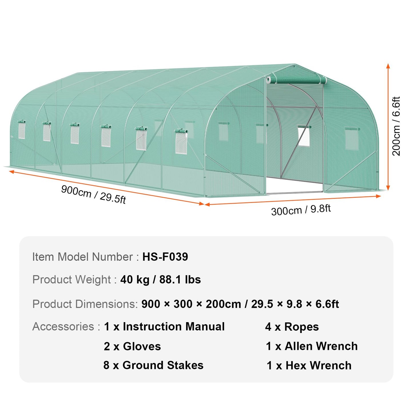 VEVOR Walk-in Tunnel Greenhouse, 29.5x9.8x6.6 ft Hoop House Greenhouse Tunnel, Peaked Roof Plant Hot House with Galvanized Steel Frame, Green PE Cover, Roll-up Zipper Door and 12 Windows for Outdoor