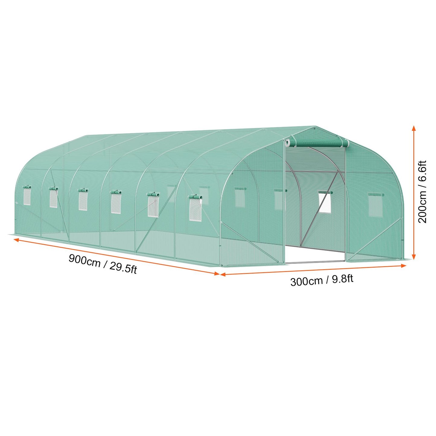 VEVOR Walk-in Tunnel Greenhouse, 29.5x9.8x6.6 ft Hoop House Greenhouse Tunnel, Peaked Roof Plant Hot House with Galvanized Steel Frame, Green PE Cover, Roll-up Zipper Door and 12 Windows for Outdoor