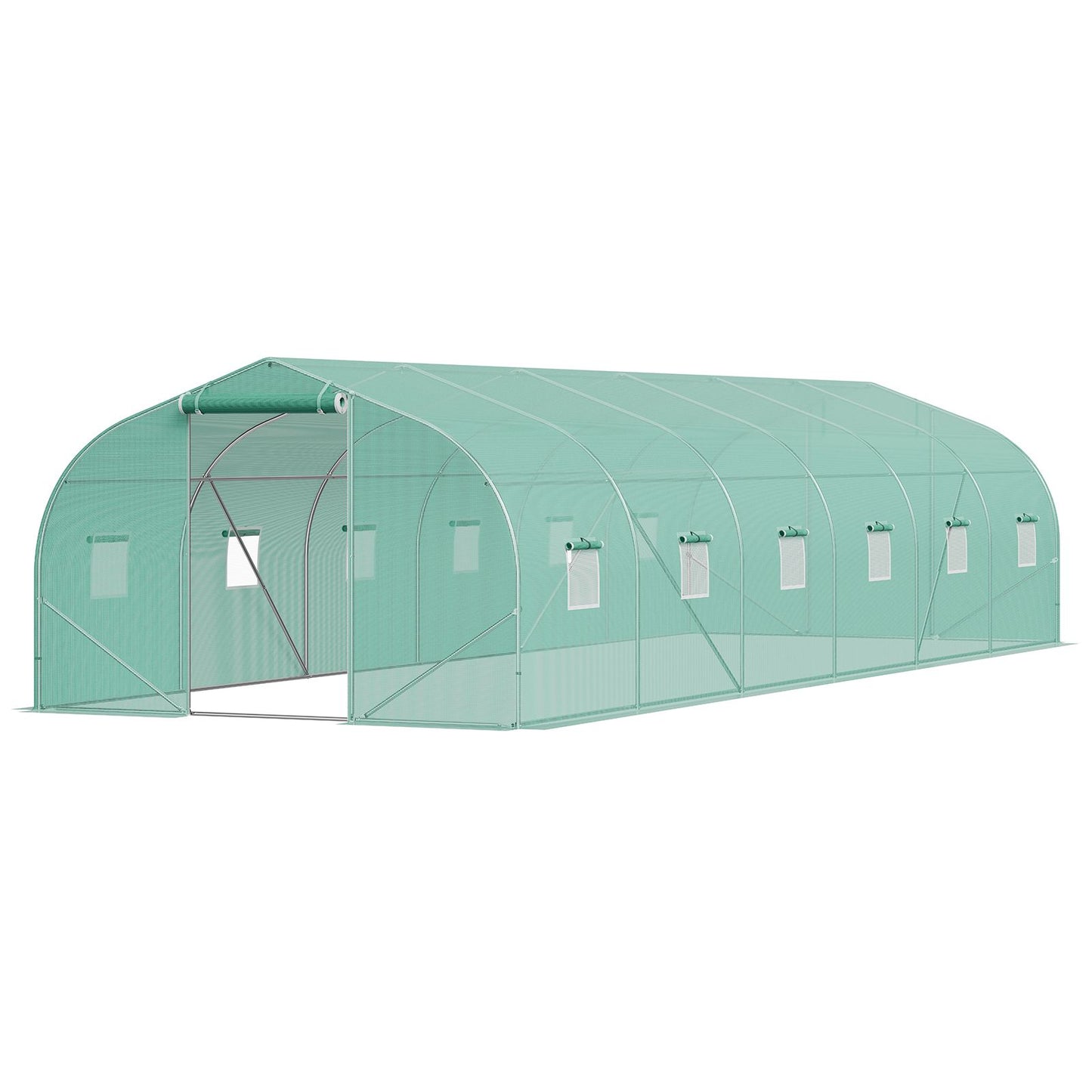 VEVOR Walk-in Tunnel Greenhouse, 29.5x9.8x6.6 ft Hoop House Greenhouse Tunnel, Peaked Roof Plant Hot House with Galvanized Steel Frame, Green PE Cover, Roll-up Zipper Door and 12 Windows for Outdoor