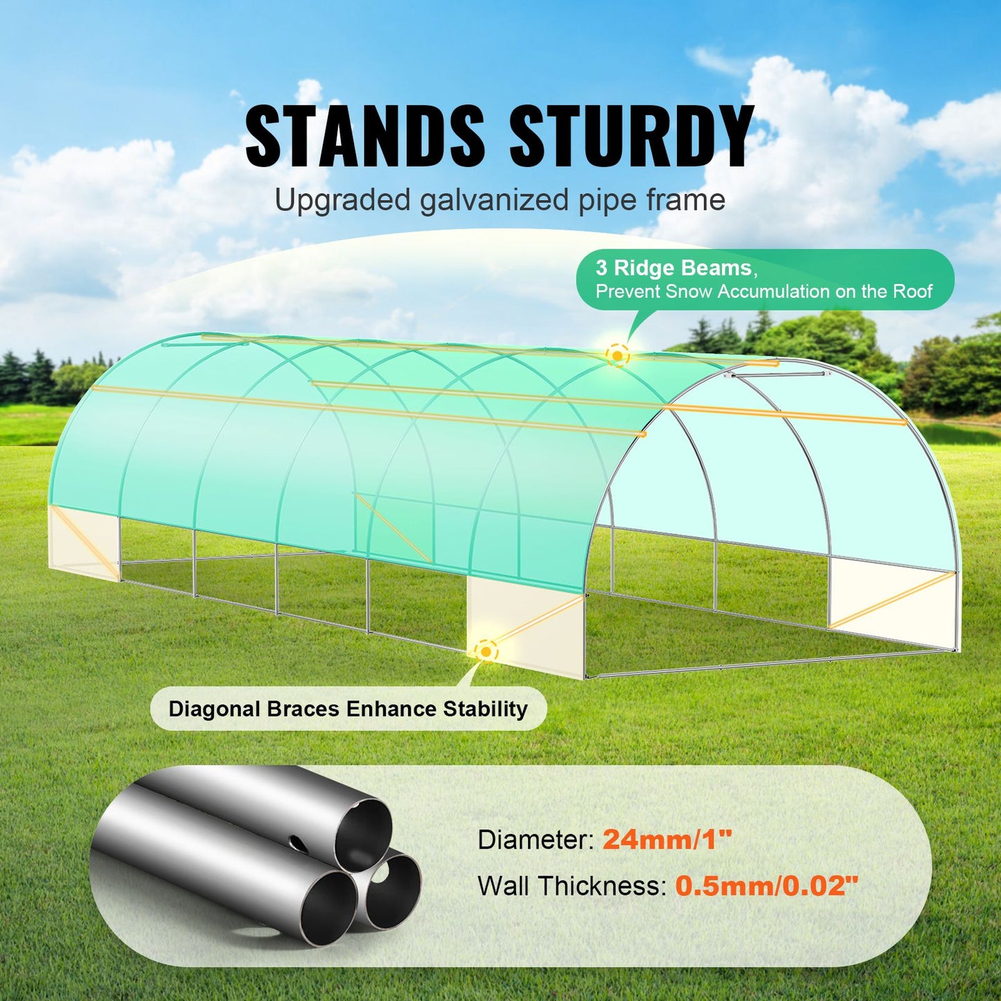 VEVOR Walk-in Tunnel Greenhouse 29.2x9.7x6.5ft Galvanized Frame PE Cover Green