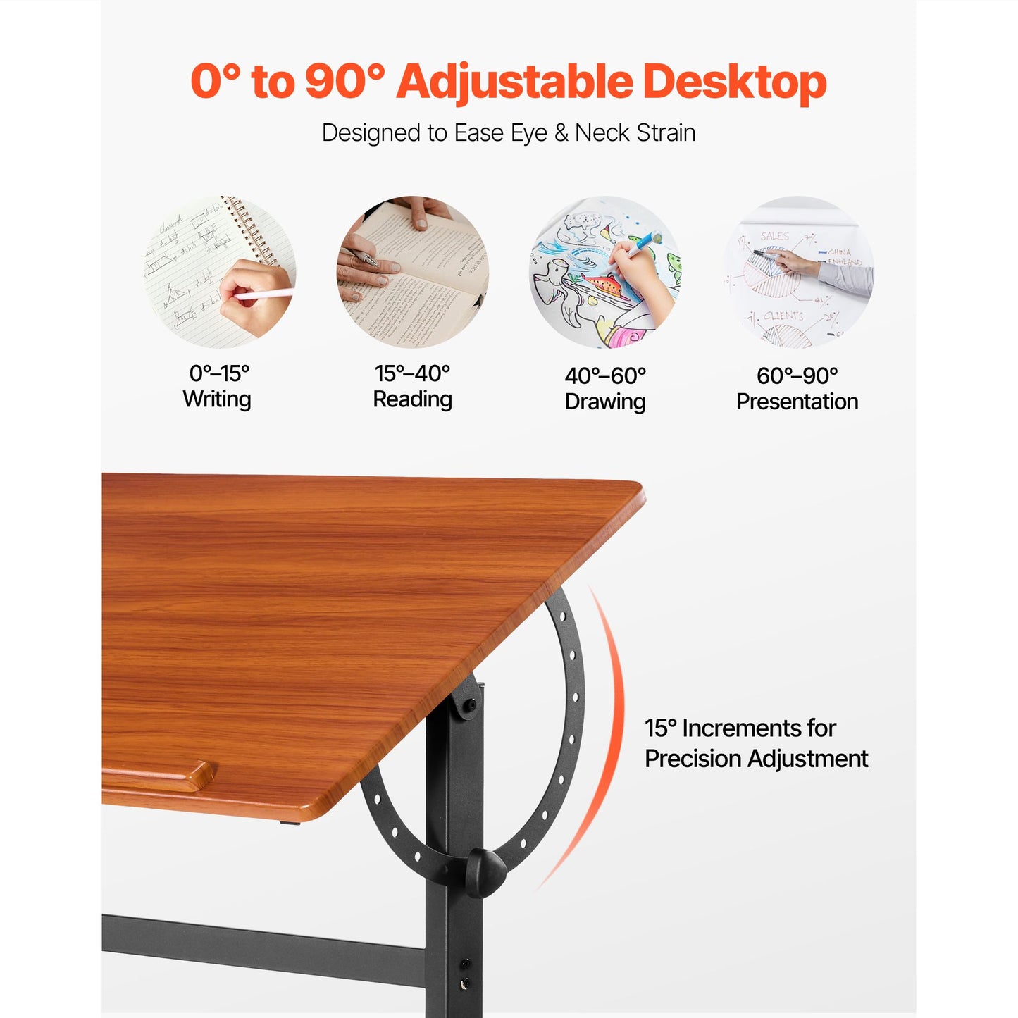 VEVOR Drafting Table Adjustable 0°–90° Tilt Wooden Drawing Desk with H-Frame