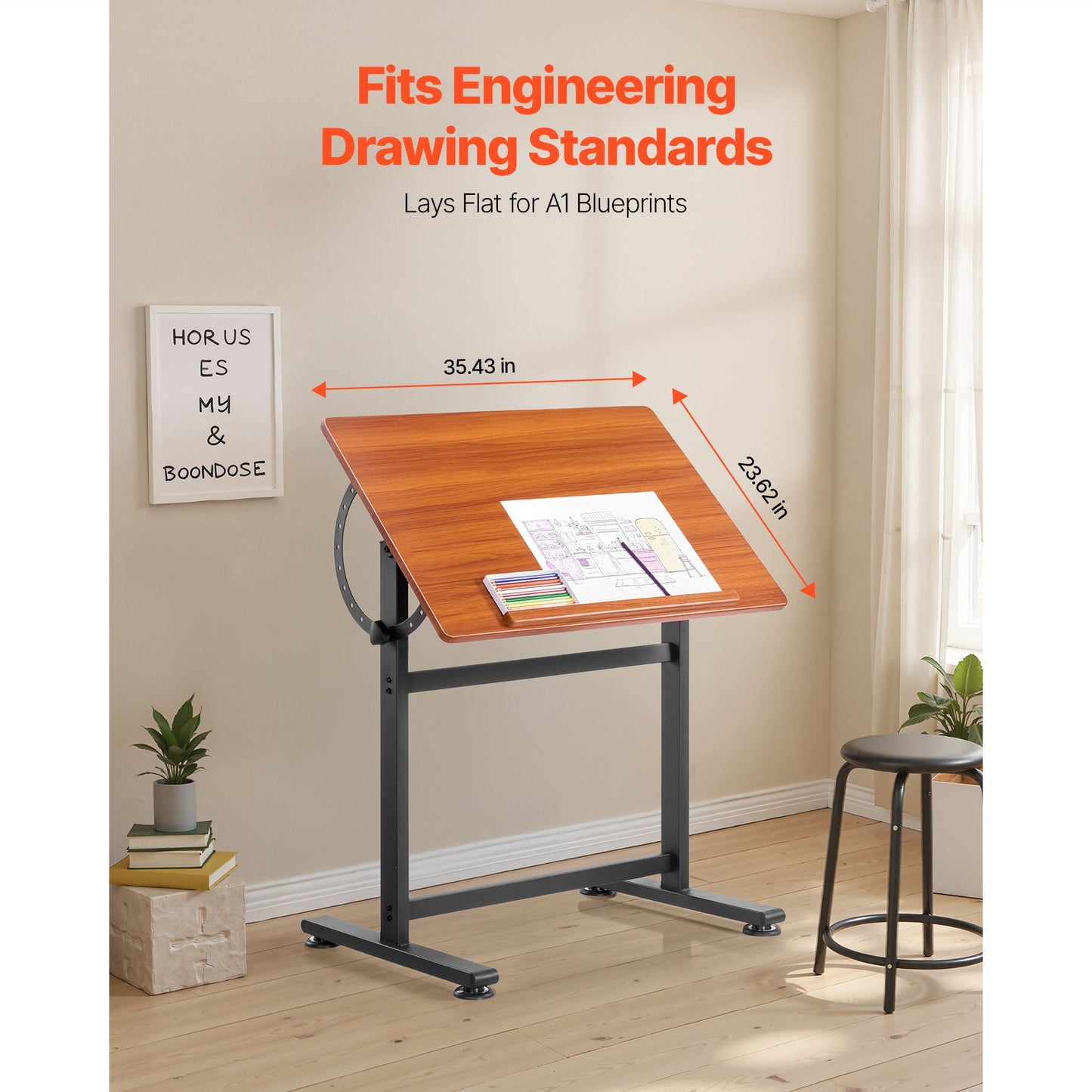 VEVOR Drafting Table Adjustable 0°–90° Tilt Wooden Drawing Desk with H-Frame