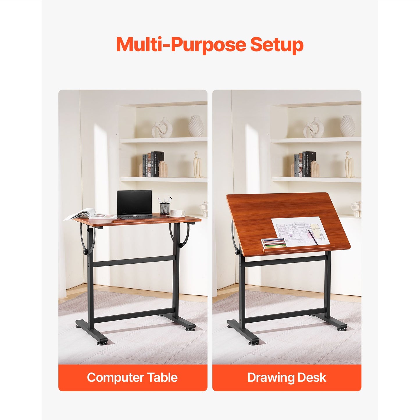 VEVOR Drafting Table Adjustable 0°–90° Tilt Wooden Drawing Desk with H-Frame