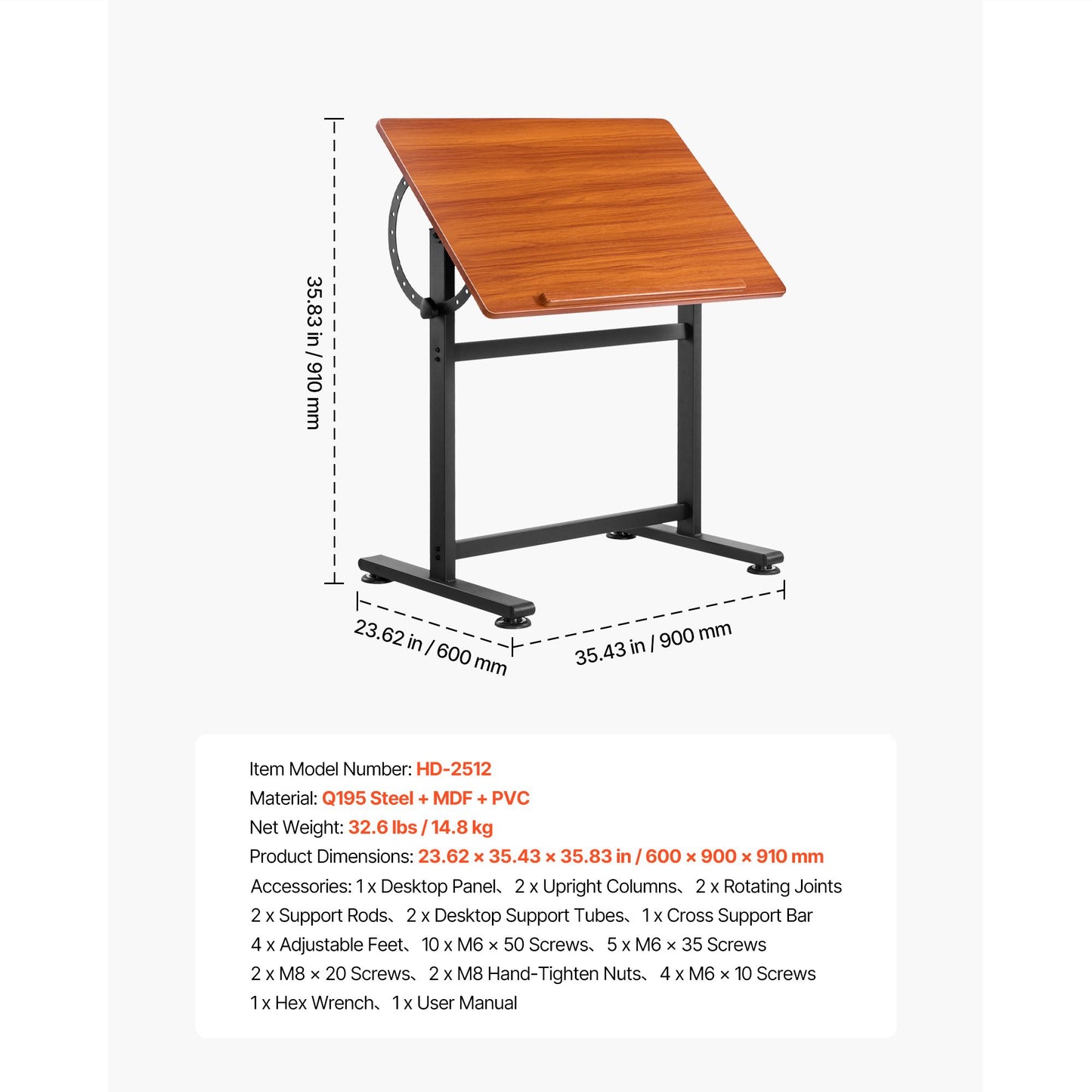VEVOR Drafting Table Adjustable 0°–90° Tilt Wooden Drawing Desk with H-Frame