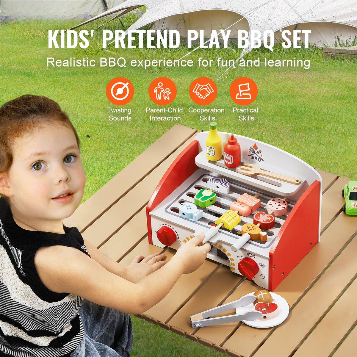 VEVOR 26 PCS Kids BBQ Grill Playset Wooden Cooking Grill Toy Set Pretend Sound