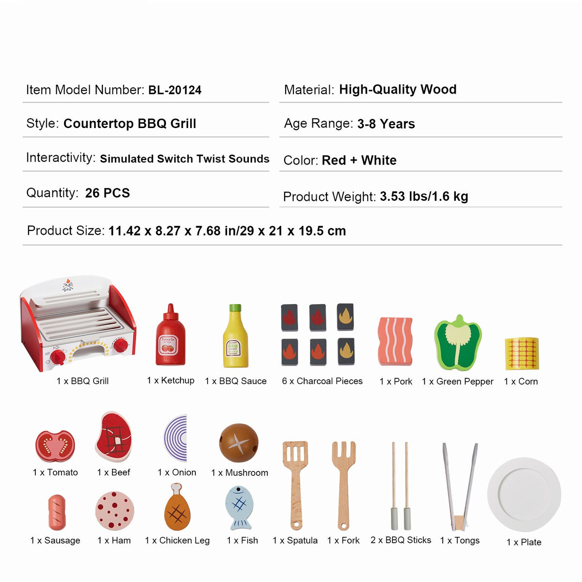 VEVOR 26 PCS Kids BBQ Grill Playset Wooden Cooking Grill Toy Set Pretend Sound