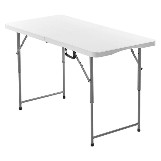 VEVOR Folding Table, 4 Ft Heavy Duty Portable Fold-in-Half Utility Table, Indoor Outdoor Plastic Rectangle Table with Adjustable Height and Built in Handle, for Party, Dining, Picnic, Camping, White