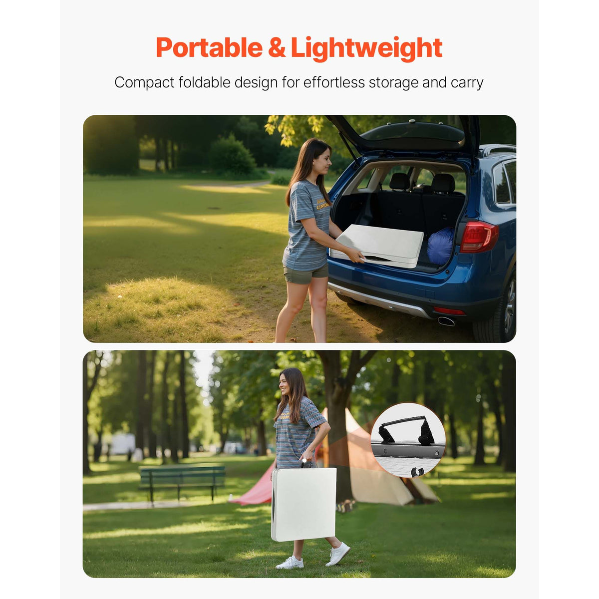 VEVOR Folding Table, 4 Ft Heavy Duty Portable Fold-in-Half Utility Table, Indoor Outdoor Plastic Rectangle Table with Adjustable Height and Built in Handle, for Party, Dining, Picnic, Camping, White