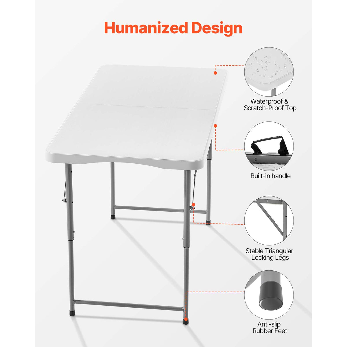 VEVOR Folding Table, 4 Ft Heavy Duty Portable Fold-in-Half Utility Table, Indoor Outdoor Plastic Rectangle Table with Adjustable Height and Built in Handle, for Party, Dining, Picnic, Camping, White