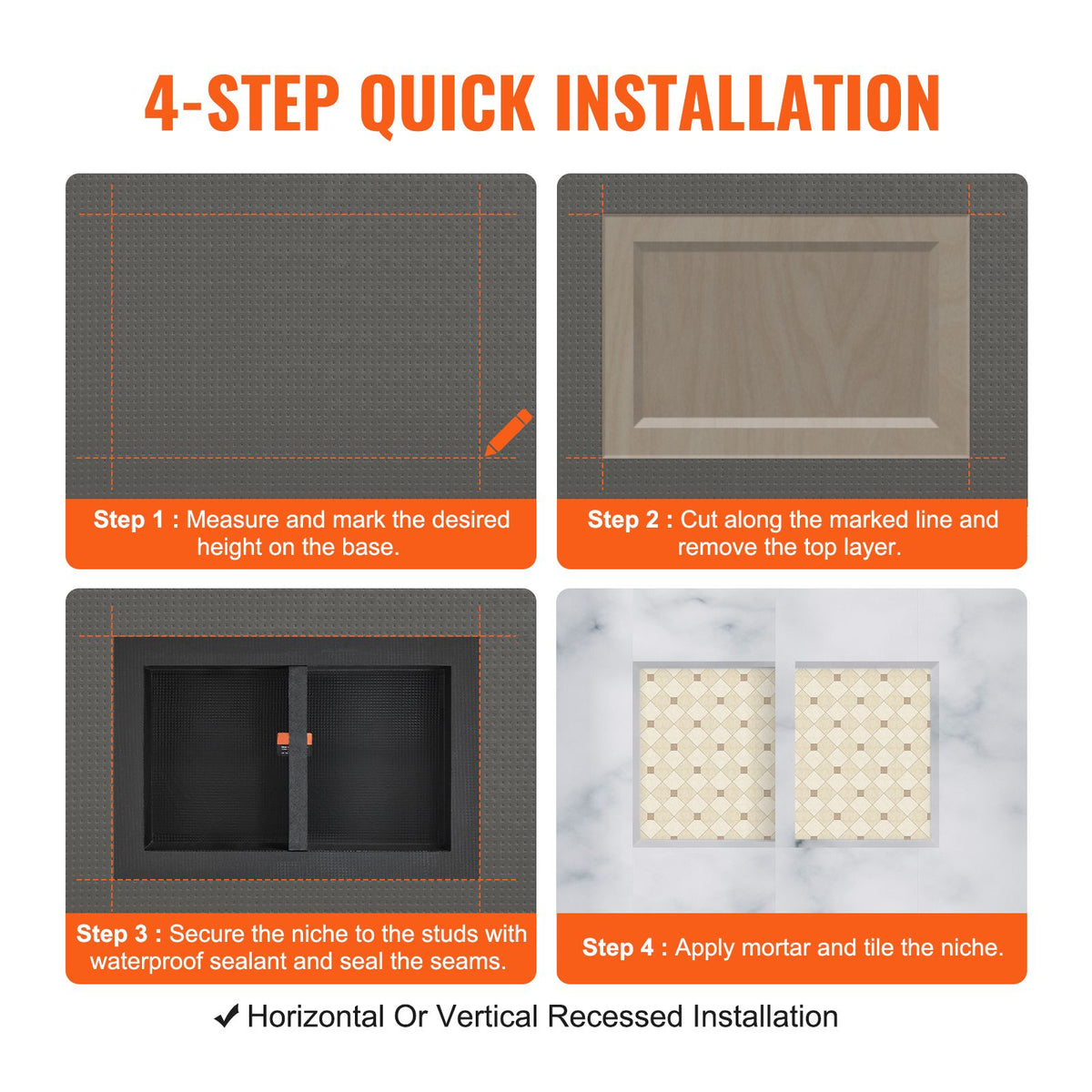 VEVOR Shower Niche Ready for Tile 40.64 x 60.96 cm, 16 x 24 inch Double Shelf Organizer, Square Corners Wall-inserted Niche Recessed, Sealed Protection Modern Soap Storage Niche for Shower Bathroom, Black