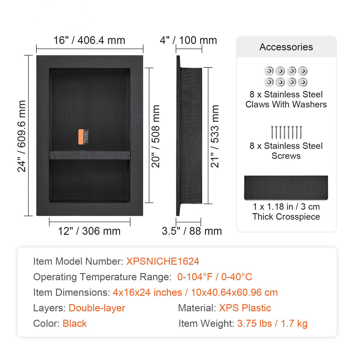 VEVOR Shower Niche Ready for Tile 40.64 x 60.96 cm, 16 x 24 inch Double Shelf Organizer, Square Corners Wall-inserted Niche Recessed, Sealed Protection Modern Soap Storage Niche for Shower Bathroom, Black