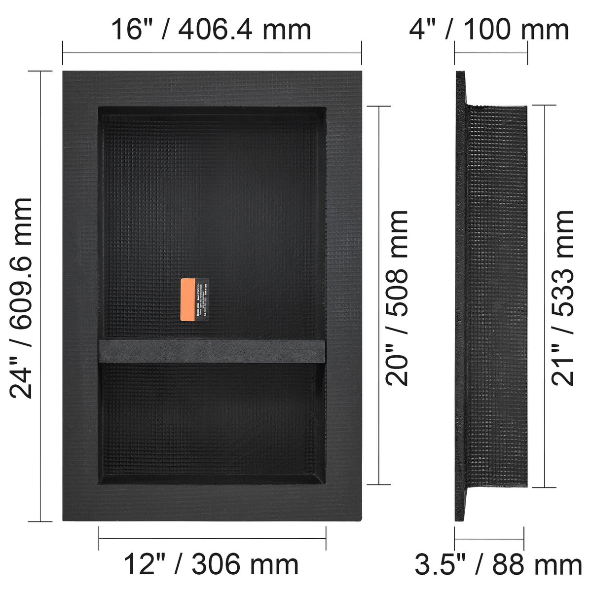 VEVOR Shower Niche Ready for Tile 40.64 x 60.96 cm, 16 x 24 inch Double Shelf Organizer, Square Corners Wall-inserted Niche Recessed, Sealed Protection Modern Soap Storage Niche for Shower Bathroom, Black