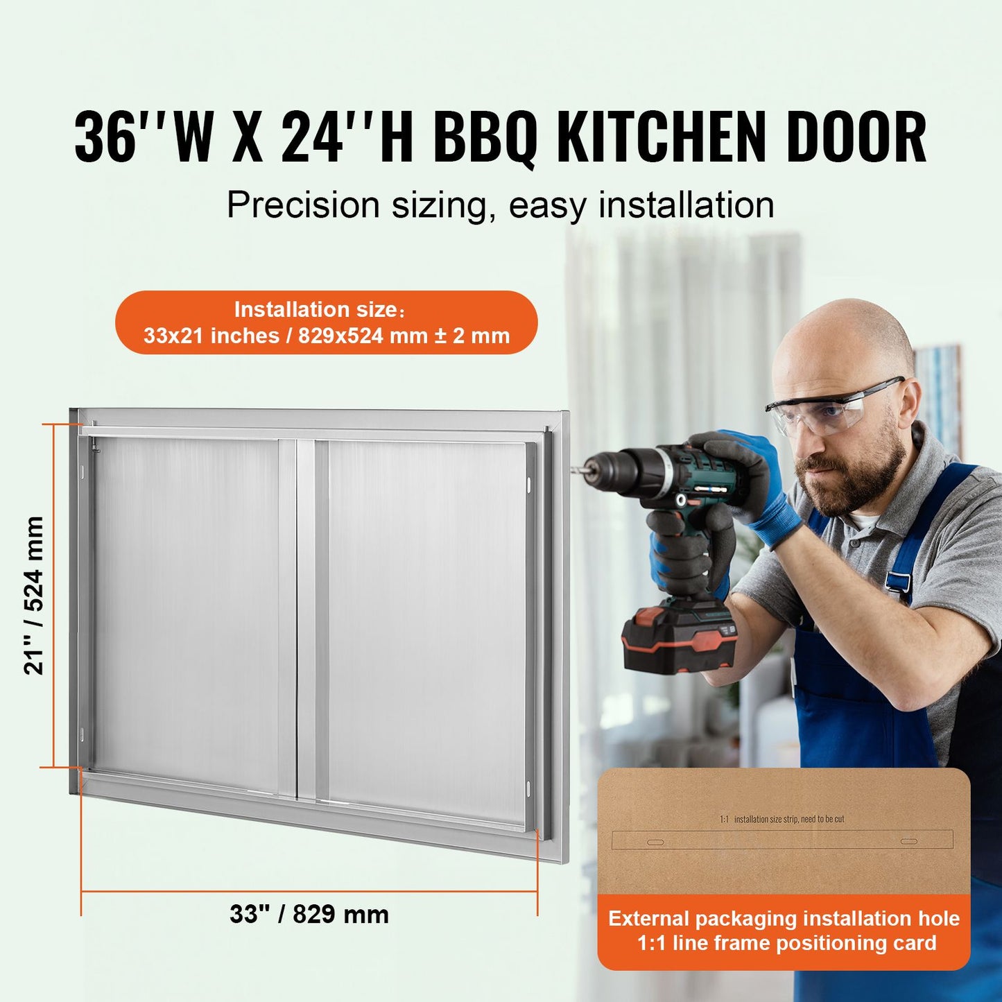 VEVOR BBQ Access Door, 914x610 mm Double Outdoor Kitchen Door, Stainless Steel Flush Mount Door, Wall Vertical Door with Recessed Handles , for BBQ Island, Grilling Station, Outside Cabinet
