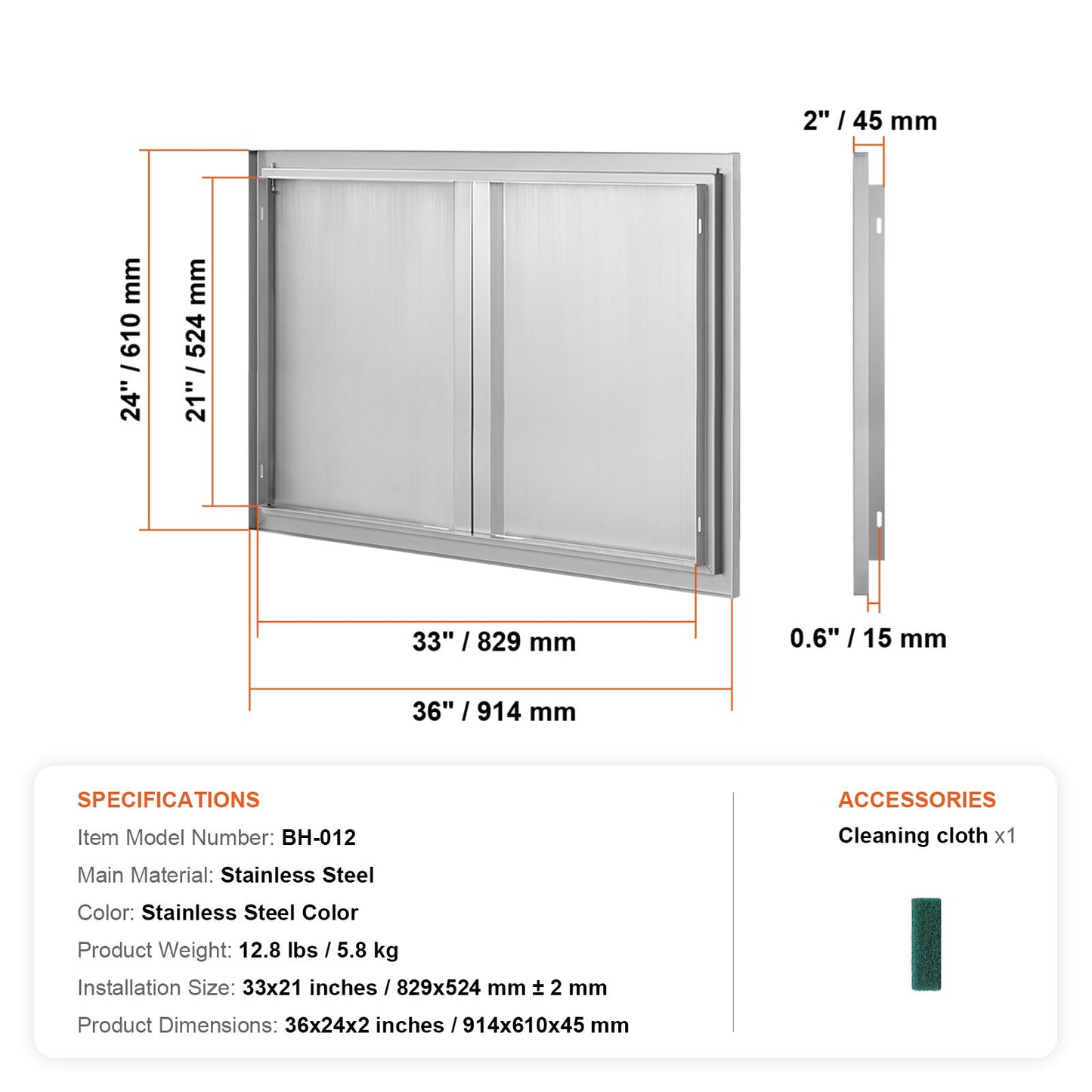 VEVOR BBQ Access Door, 914x610 mm Double Outdoor Kitchen Door, Stainless Steel Flush Mount Door, Wall Vertical Door with Recessed Handles , for BBQ Island, Grilling Station, Outside Cabinet