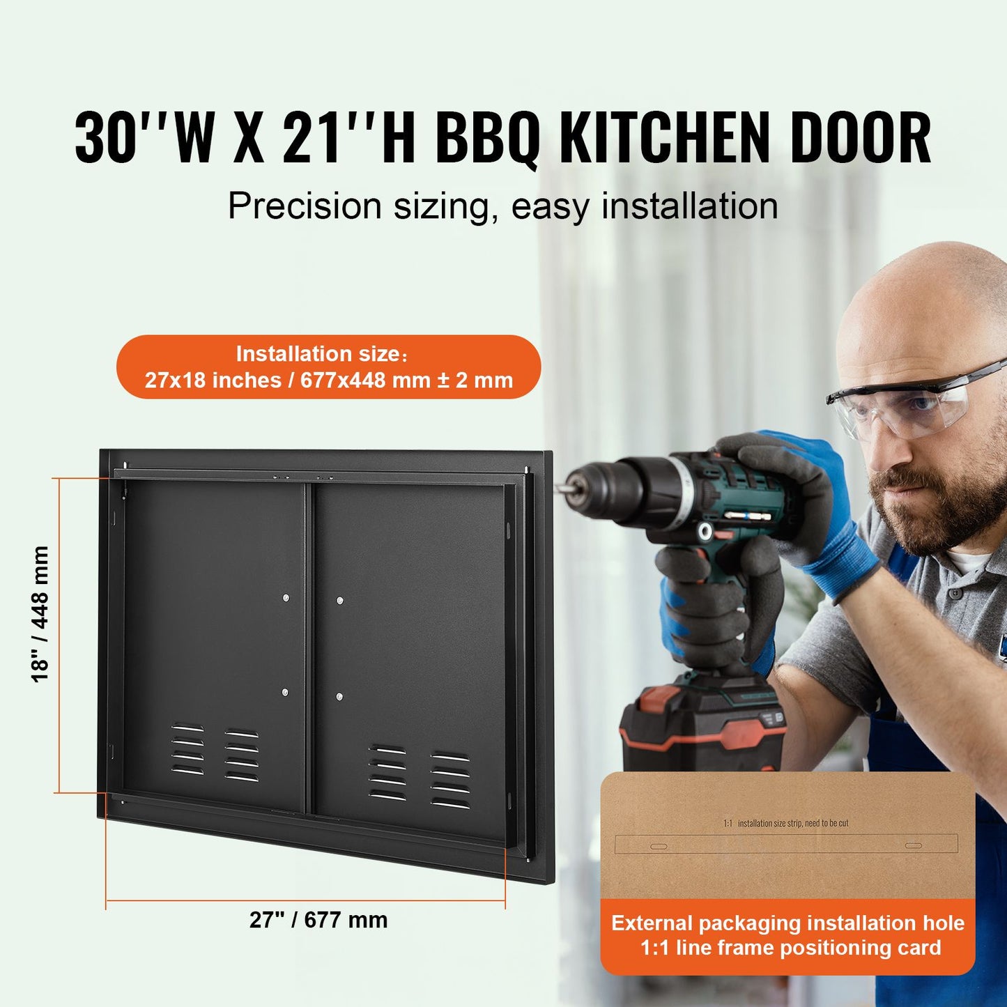 VEVOR BBQ Access Door,762 x533 mm Double Outdoor Kitchen Door, Cold Plate Flush Mount Door, Wall Vertical Door with Handles and Ventss, for BBQ Island, Grilling Station, Outside Cabinet