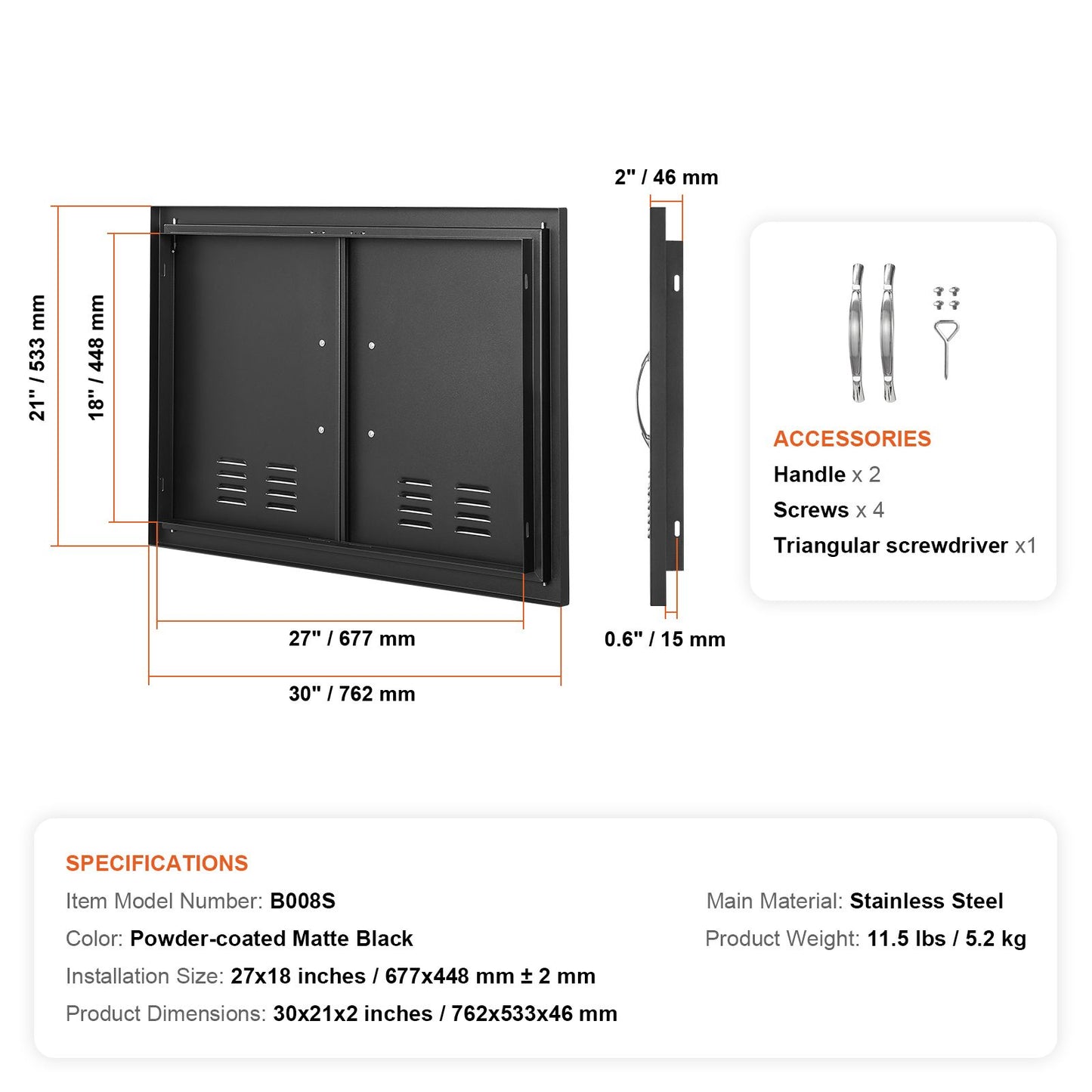 VEVOR BBQ Access Door,762 x533 mm Double Outdoor Kitchen Door, Cold Plate Flush Mount Door, Wall Vertical Door with Handles and Ventss, for BBQ Island, Grilling Station, Outside Cabinet