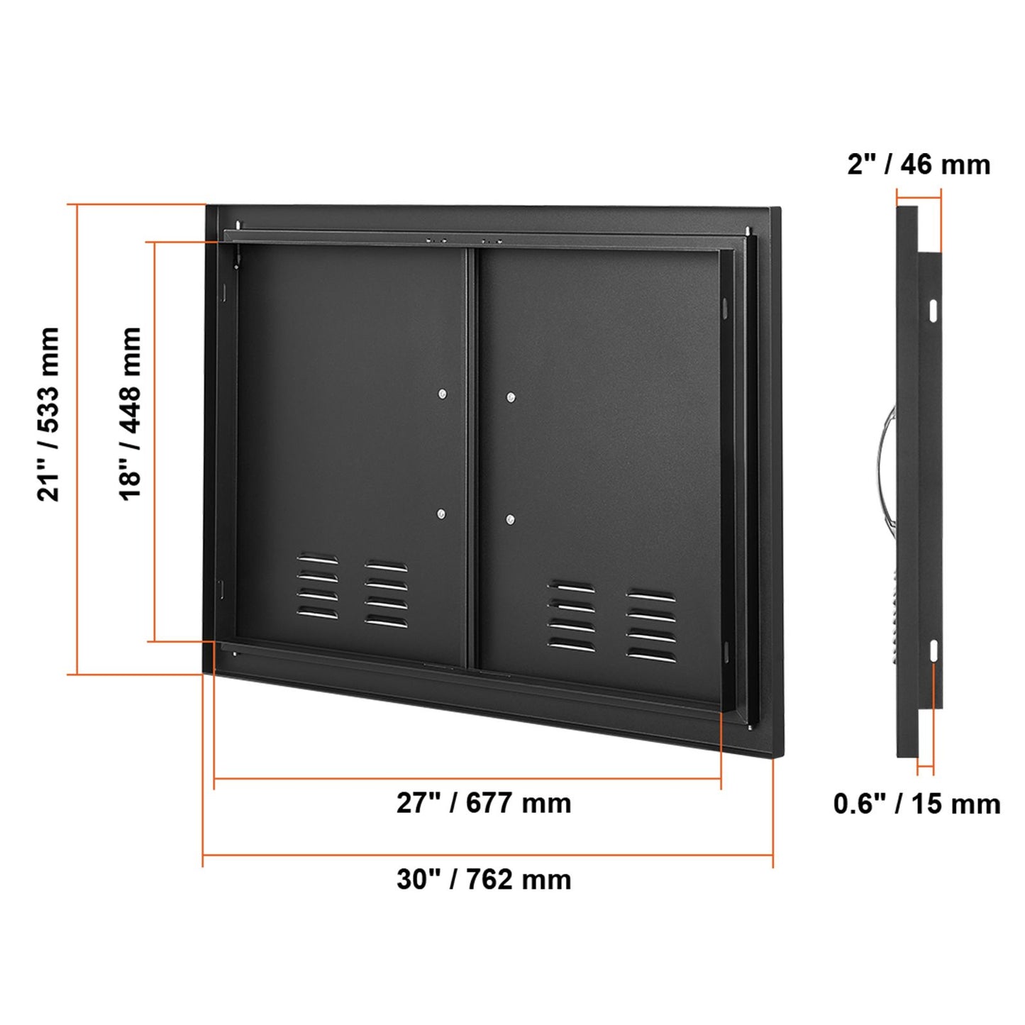 VEVOR BBQ Access Door,762 x533 mm Double Outdoor Kitchen Door, Cold Plate Flush Mount Door, Wall Vertical Door with Handles and Ventss, for BBQ Island, Grilling Station, Outside Cabinet
