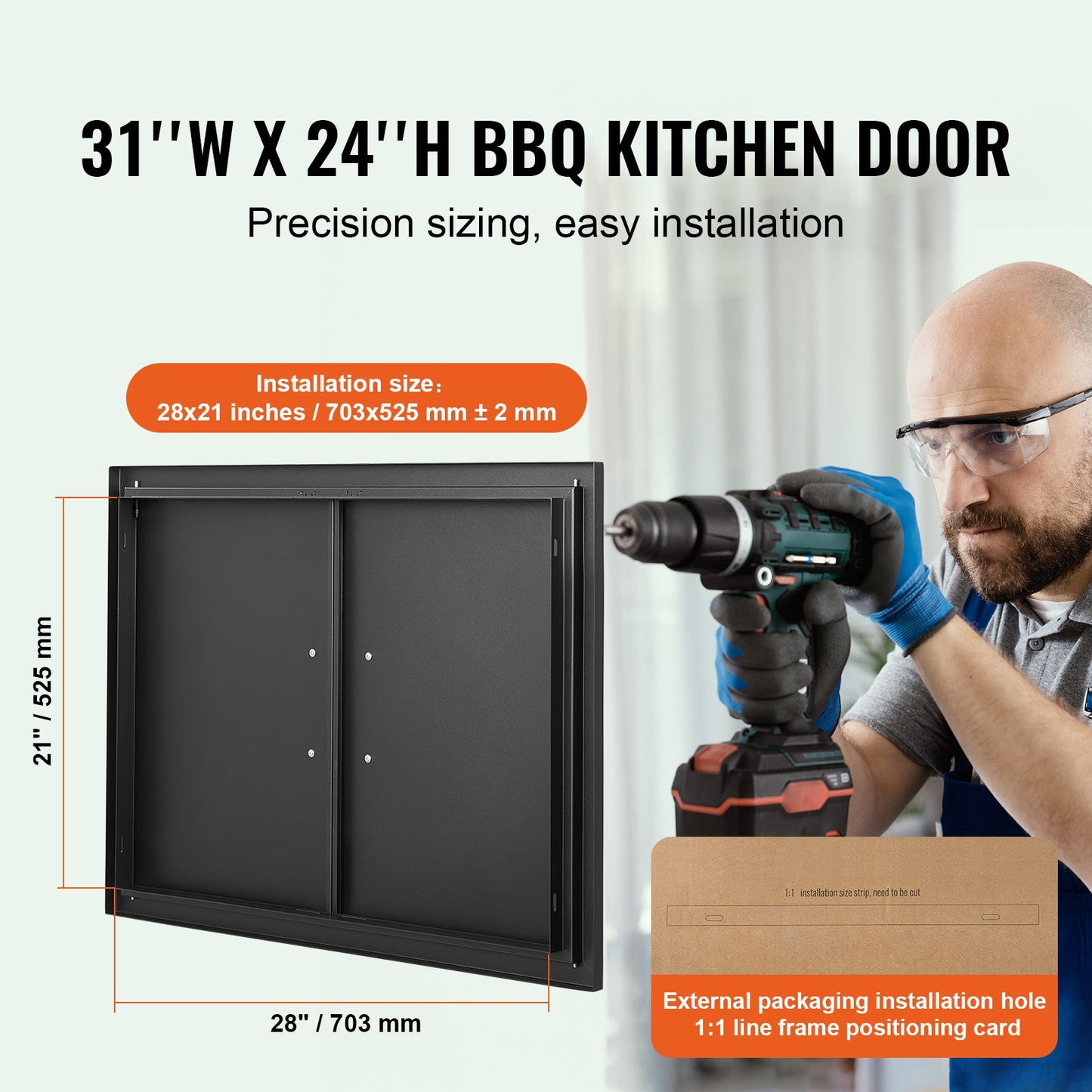 VEVOR BBQ Access Door, 788x610 mm Double Outdoor Kitchen Door, Cold Plate Flush Mount Door, Wall Vertical Door with Handles, for BBQ Island, Grilling Station, Outside Cabinet