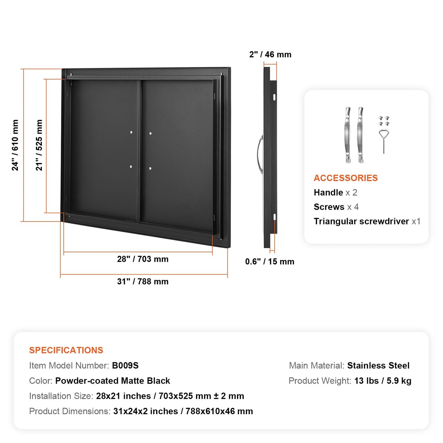 VEVOR BBQ Access Door, 788x610 mm Double Outdoor Kitchen Door, Cold Plate Flush Mount Door, Wall Vertical Door with Handles, for BBQ Island, Grilling Station, Outside Cabinet