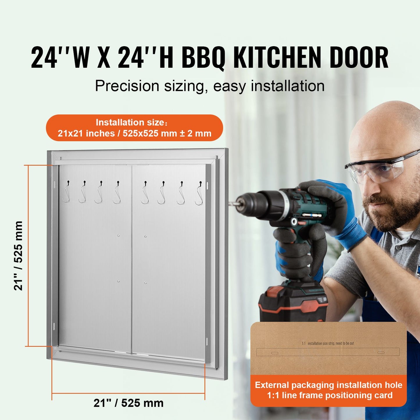 VEVOR BBQ Access Door, 610x610 mm Double Outdoor Kitchen Door, Stainless Steel Flush Mount Door, Double Wall Vertical Door with Handles and Hooks, for BBQ Island, Grilling Station, Outside Cabinet