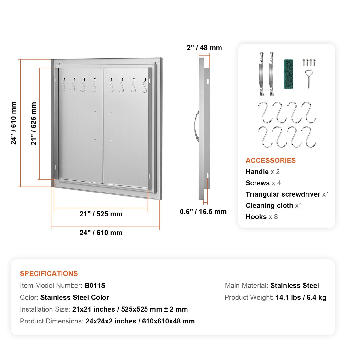 VEVOR BBQ Access Door, 610x610 mm Double Outdoor Kitchen Door, Stainless Steel Flush Mount Door, Double Wall Vertical Door with Handles and Hooks, for BBQ Island, Grilling Station, Outside Cabinet