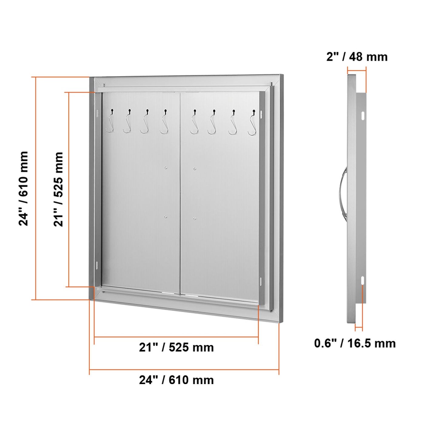 VEVOR BBQ Access Door, 610x610 mm Double Outdoor Kitchen Door, Stainless Steel Flush Mount Door, Double Wall Vertical Door with Handles and Hooks, for BBQ Island, Grilling Station, Outside Cabinet