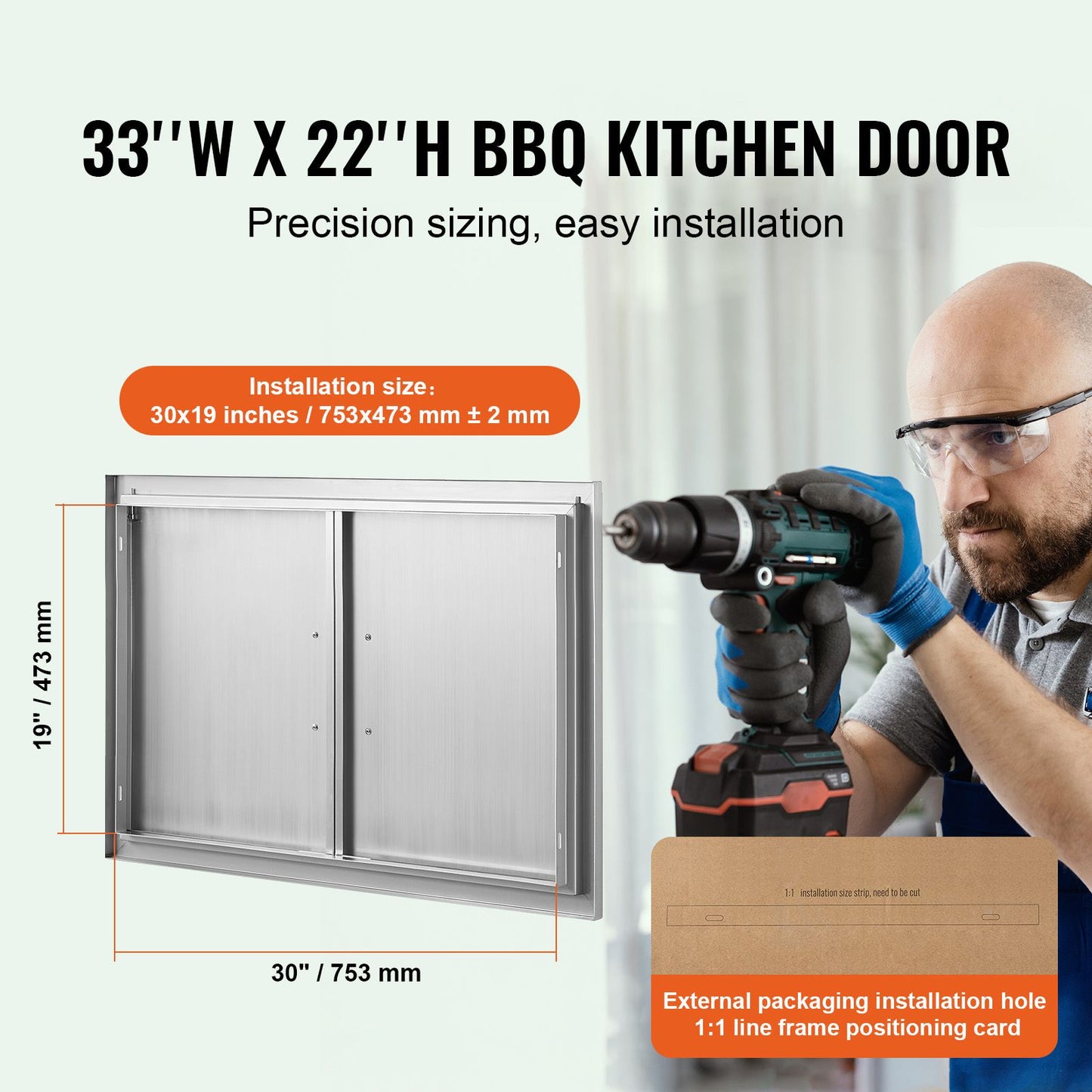 VEVOR BBQ Access Door, 838x558 mm Double Outdoor Kitchen Door, Stainless Steel Flush Mount Door, Wall Vertical Door with Handles, for BBQ Island, Grilling Station, Outside Cabinet