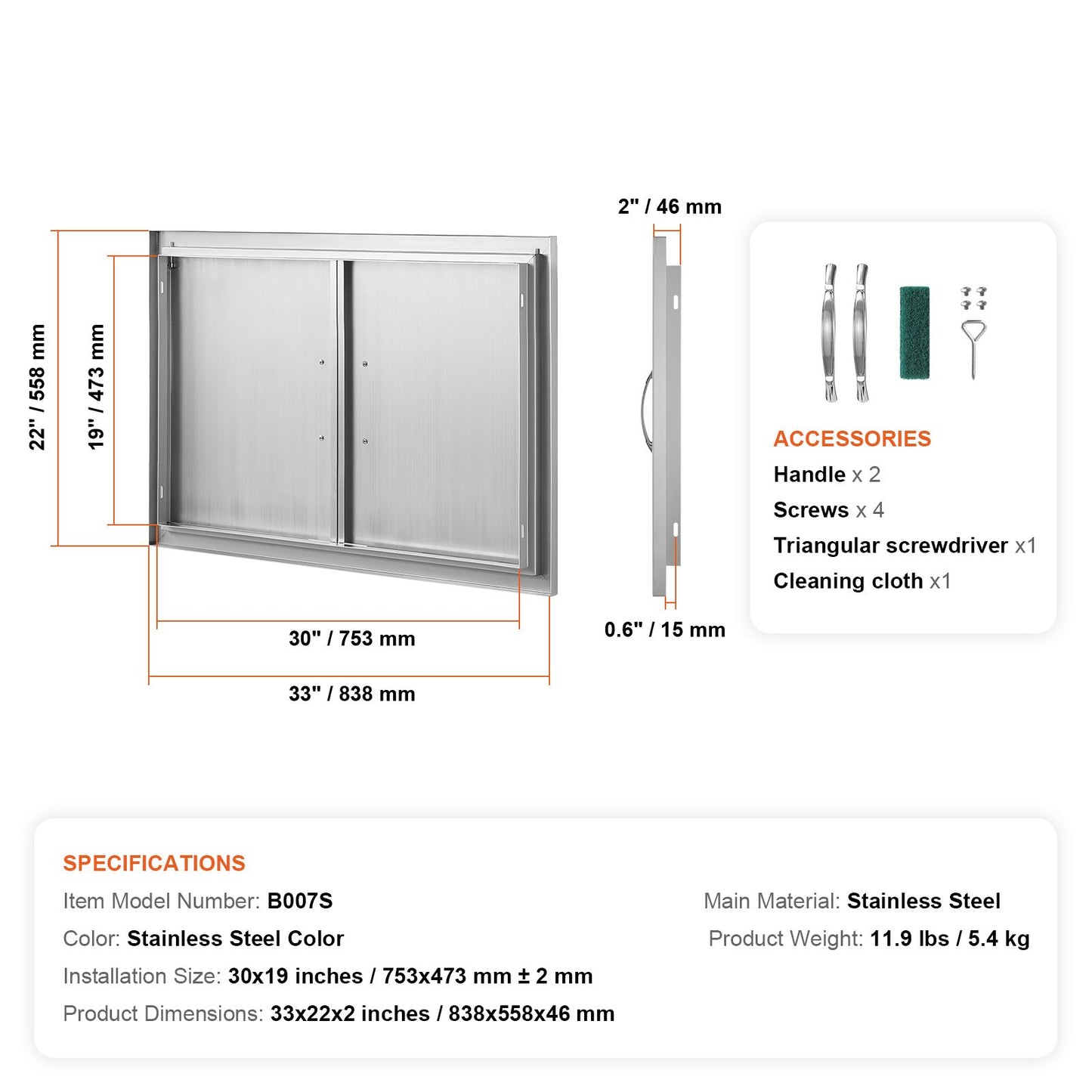 VEVOR BBQ Access Door, 838x558 mm Double Outdoor Kitchen Door, Stainless Steel Flush Mount Door, Wall Vertical Door with Handles, for BBQ Island, Grilling Station, Outside Cabinet