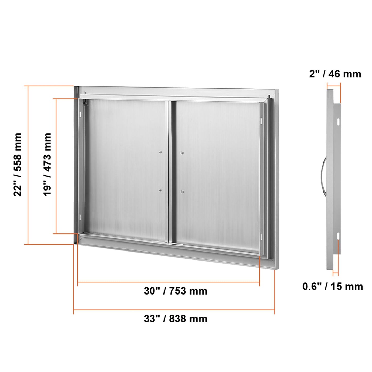 VEVOR BBQ Access Door, 838x558 mm Double Outdoor Kitchen Door, Stainless Steel Flush Mount Door, Wall Vertical Door with Handles, for BBQ Island, Grilling Station, Outside Cabinet