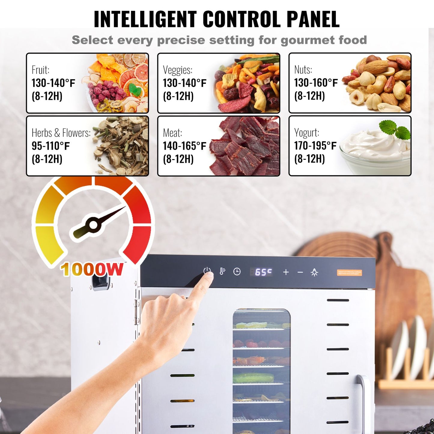 VEVOR 10 Trays Food Dehydrator Machine Stainless Steel 1000W Jerky Fruit Drying