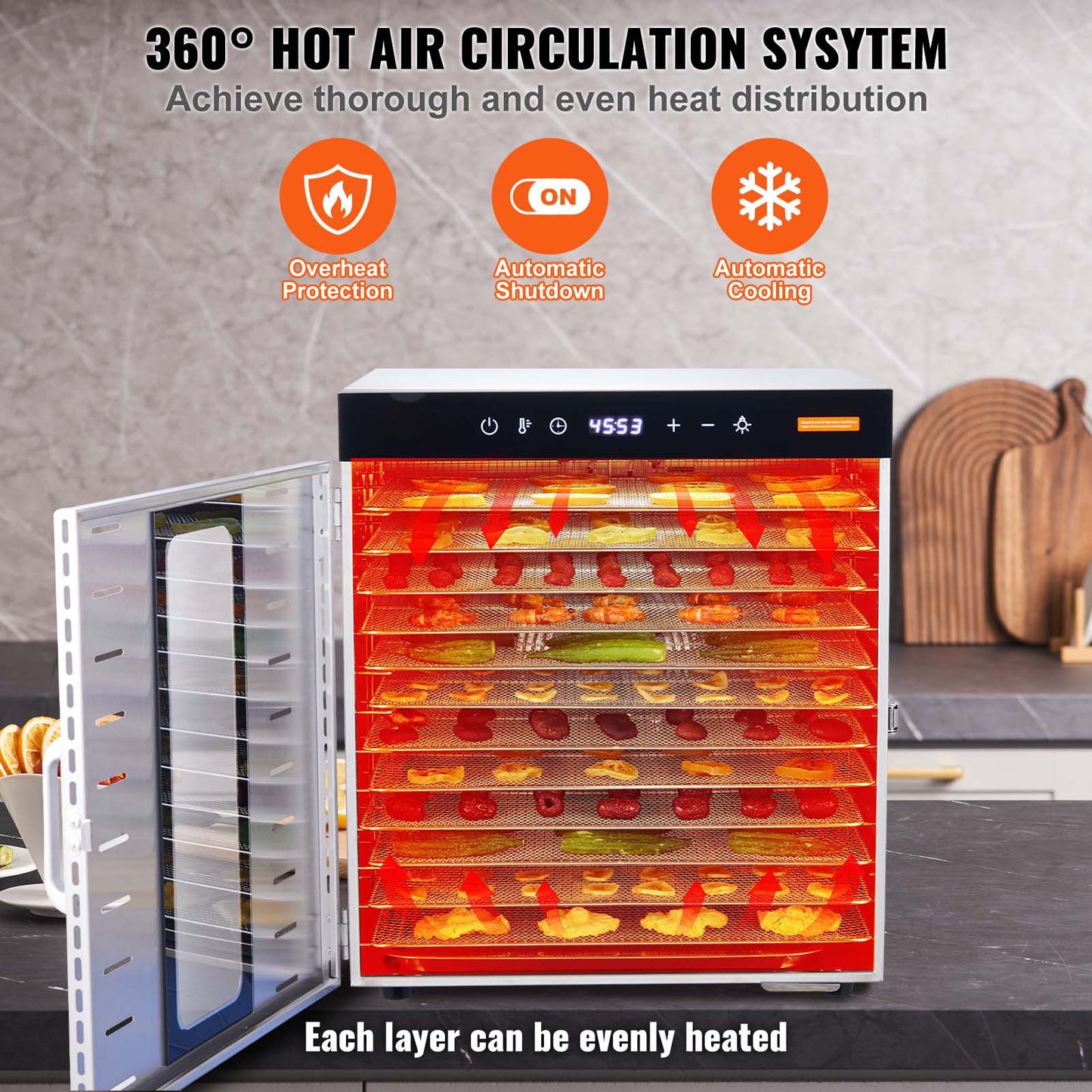 VEVOR 10 Trays Food Dehydrator Machine Stainless Steel 1000W Jerky Fruit Drying