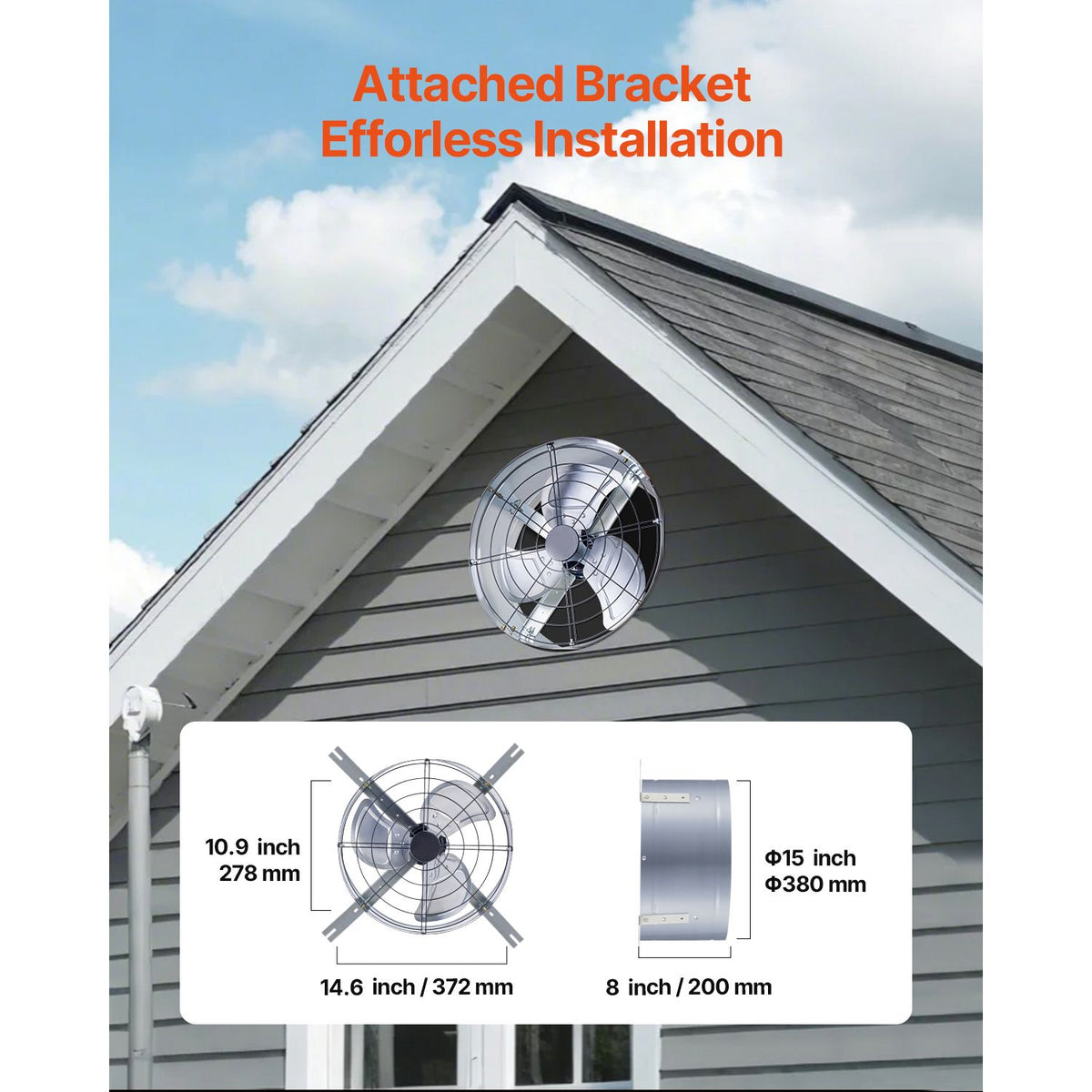 VEVOR 380 mm Gable Mount Fan 1300 CFM Attic Vent Fan with Adjustable Thermostat