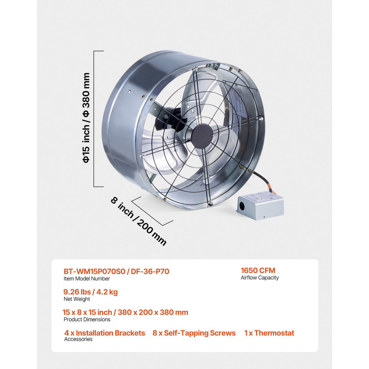 VEVOR 380 mm Gable Mount Fan 1300 CFM Attic Vent Fan with Adjustable Thermostat