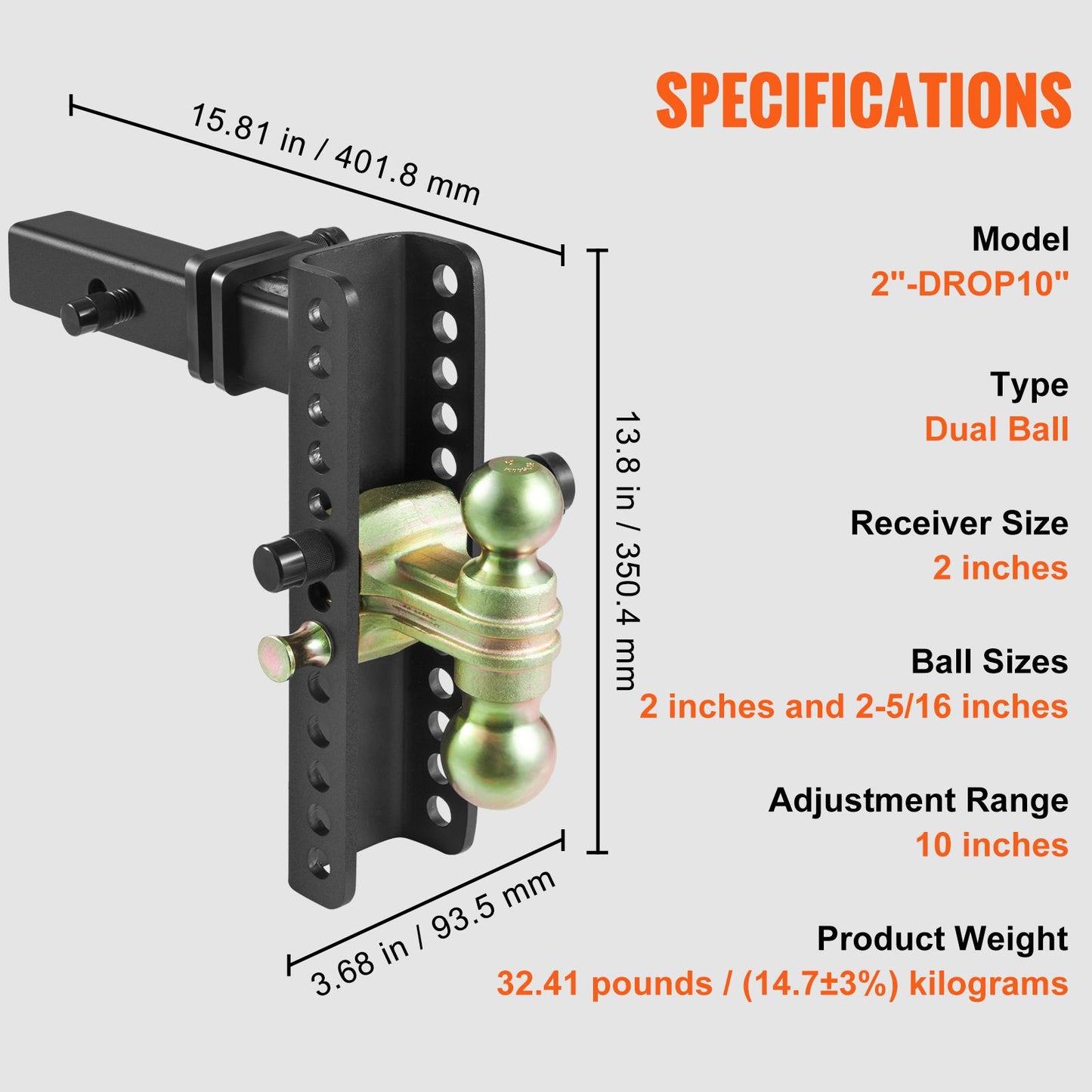 VEVOR Adjustable Trailer Hitch, 25.4 cm Drop & 21.59 cm Rise Hitch Ball Mount with 5.08 cm Receiver, Solid Tube, 6350 kgs GTW, 5.08 cm & 5.08-0.79 cm 45# Steel Tow Balls with Key Lock for Truck Towing