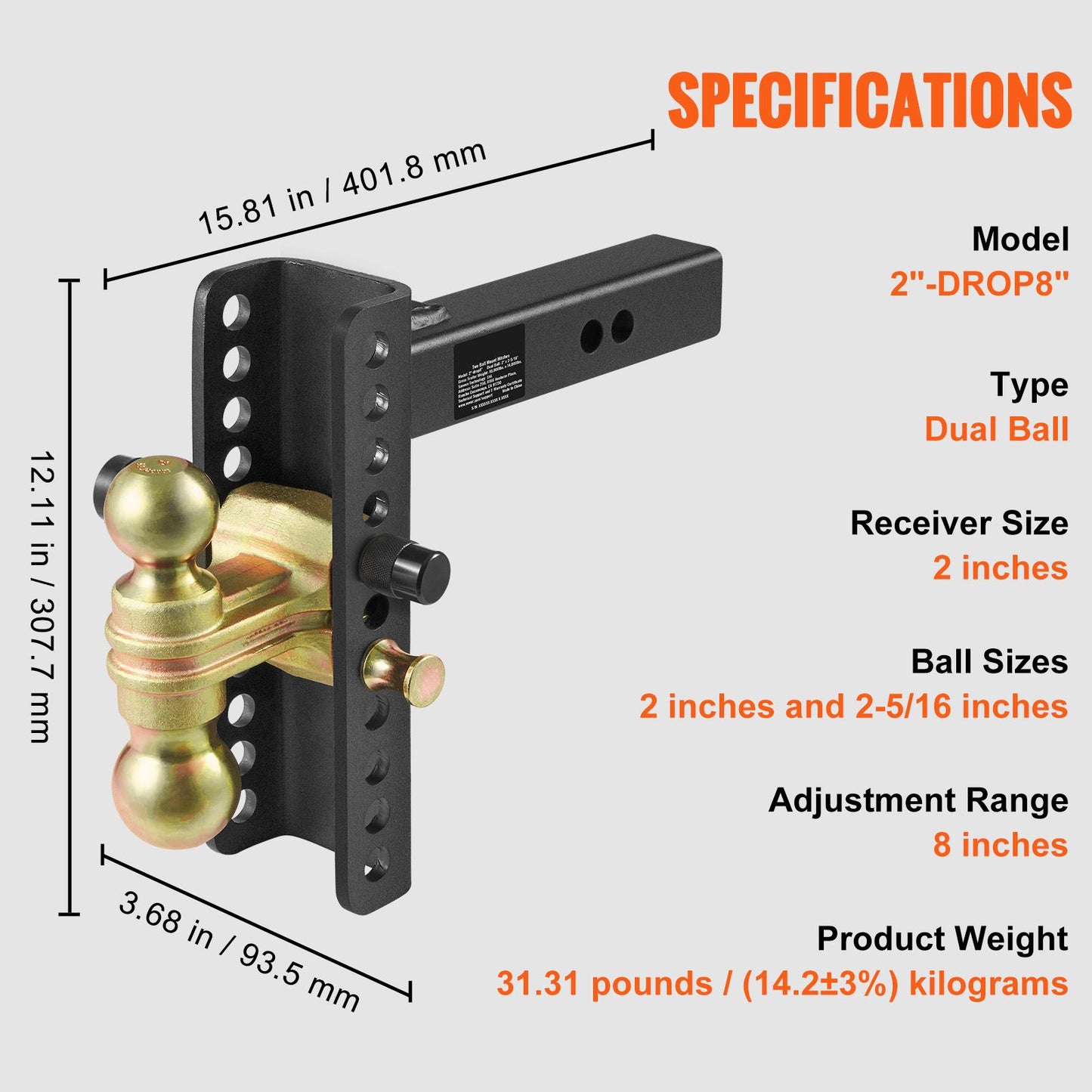 VEVOR Adjustable Trailer Hitch, 203.2 mm Drop & 165.1 mm Rise Hitch Ball Mount with 50.8 mm Receiver, Solid Tube, 6350 kg GTW, 50.8 m and 58.7 mm 45# Steel Tow Balls with Key Lock for Truck Towing