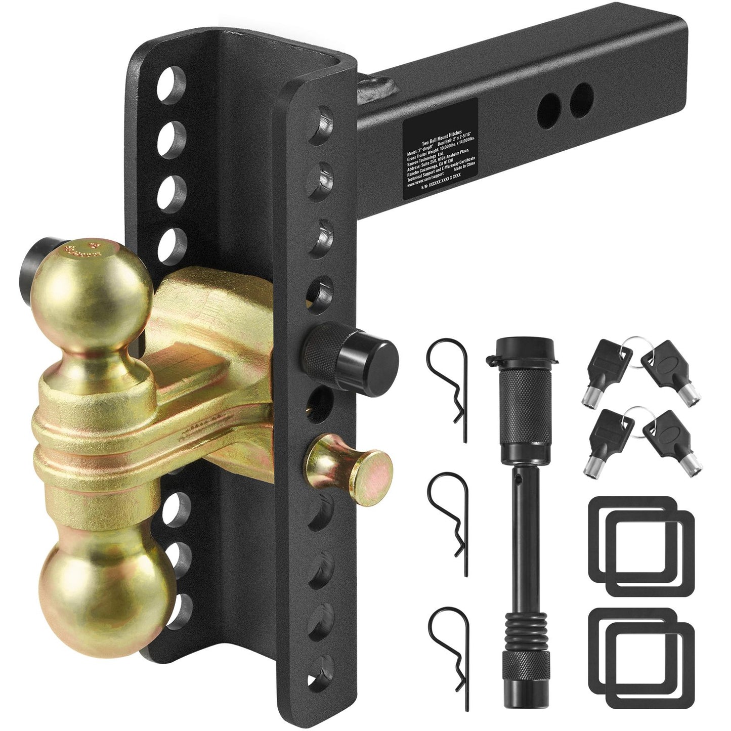 VEVOR Adjustable Trailer Hitch, 203.2 mm Drop & 165.1 mm Rise Hitch Ball Mount with 50.8 mm Receiver, Solid Tube, 6350 kg GTW, 50.8 m and 58.7 mm 45# Steel Tow Balls with Key Lock for Truck Towing