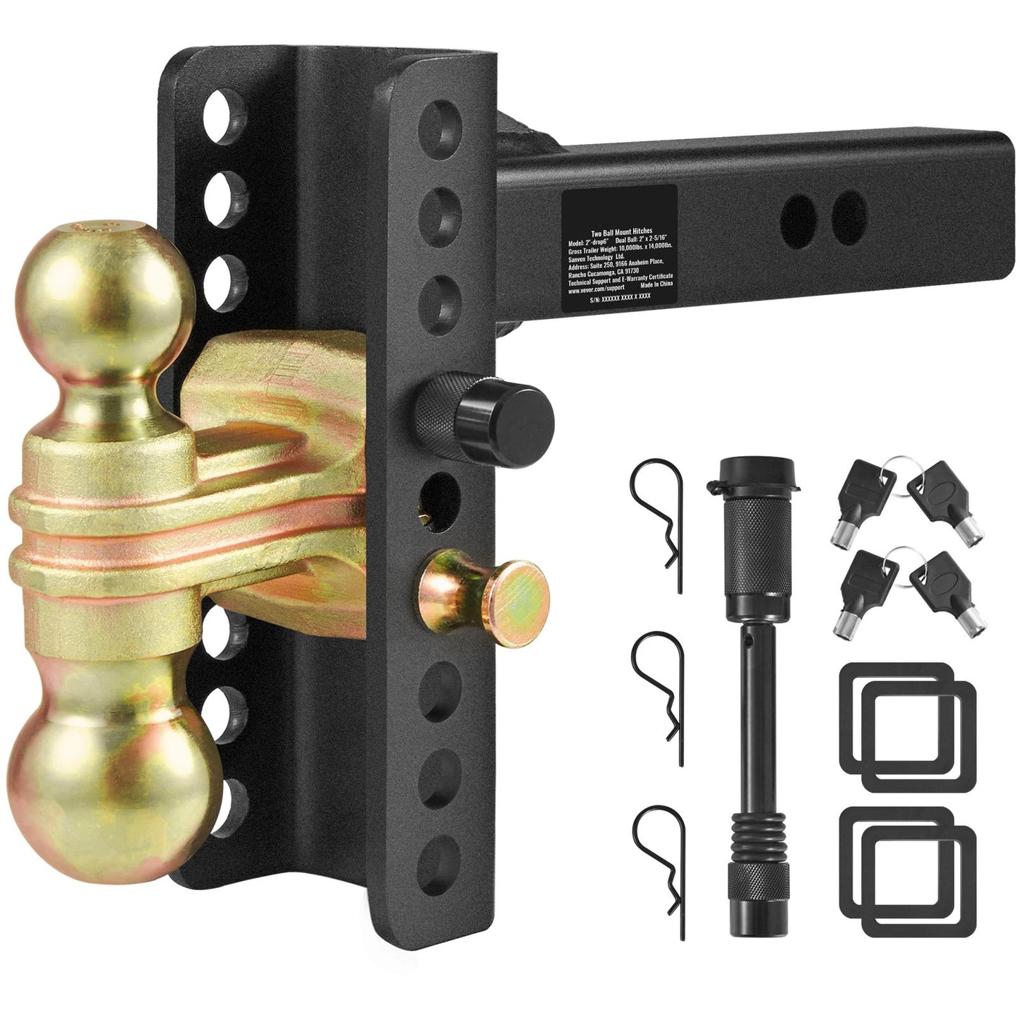 VEVOR Adjustable Trailer Hitch, 152.4 mm Drop & 114.3 mm Rise Hitch Ball Mount with 50.8 mm Receiver, Solid Tube, 6350 kg GTW, 50.8 mm and 58.7 mm 45# Steel Tow Balls with Key Lock for Truck Towing