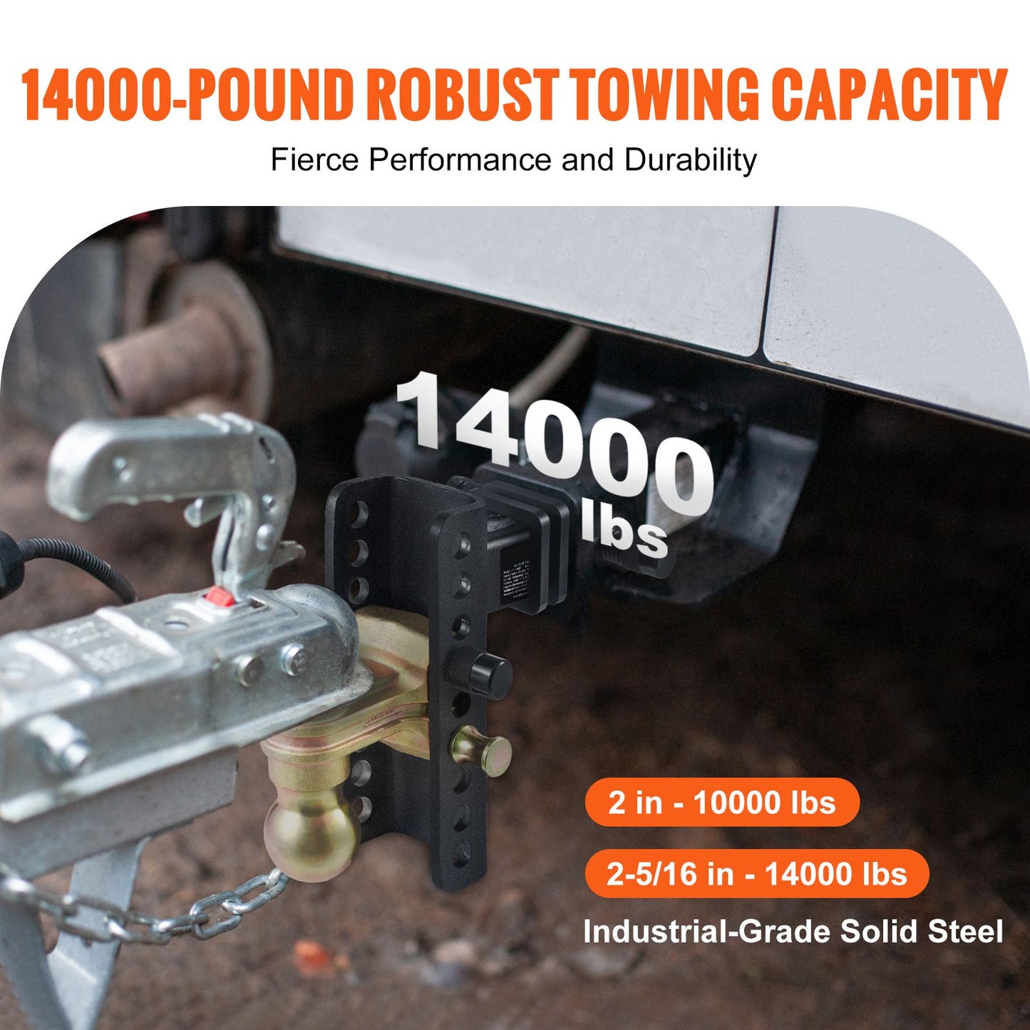 VEVOR Adjustable Trailer Hitch, 152.4 mm Drop & 114.3 mm Rise Hitch Ball Mount with 50.8 mm Receiver, Solid Tube, 6350 kg GTW, 50.8 mm and 58.7 mm 45# Steel Tow Balls with Key Lock for Truck Towing