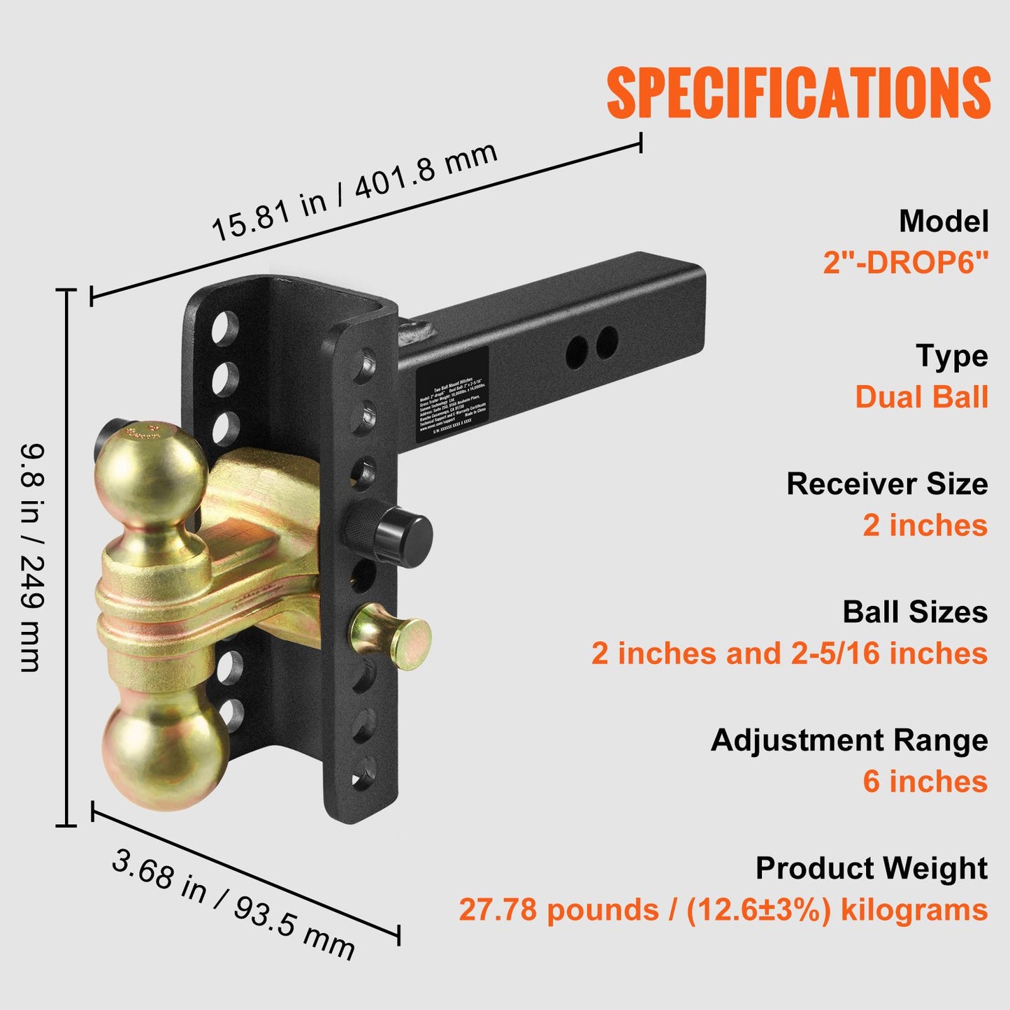 VEVOR Adjustable Trailer Hitch, 152.4 mm Drop & 114.3 mm Rise Hitch Ball Mount with 50.8 mm Receiver, Solid Tube, 6350 kg GTW, 50.8 mm and 58.7 mm 45# Steel Tow Balls with Key Lock for Truck Towing