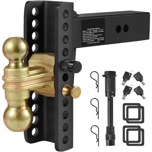 VEVOR Adjustable Trailer Hitch, 203.2 mm Drop & 165.1 mm Rise Hitch Ball Mount with 63.5 mm Receiver, Solid Tube, 6577 kg GTW, 50.8 mm & 58.7 mm 45# Steel Tow Balls with Key Lock for Truck Towing