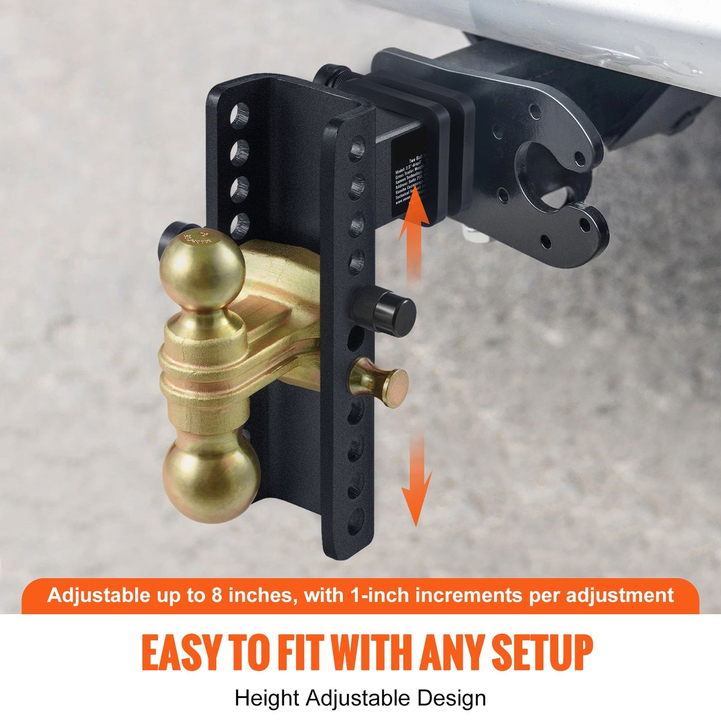 VEVOR Adjustable Trailer Hitch, 203.2 mm Drop & 165.1 mm Rise Hitch Ball Mount with 63.5 mm Receiver, Solid Tube, 6577 kg GTW, 50.8 mm & 58.7 mm 45# Steel Tow Balls with Key Lock for Truck Towing